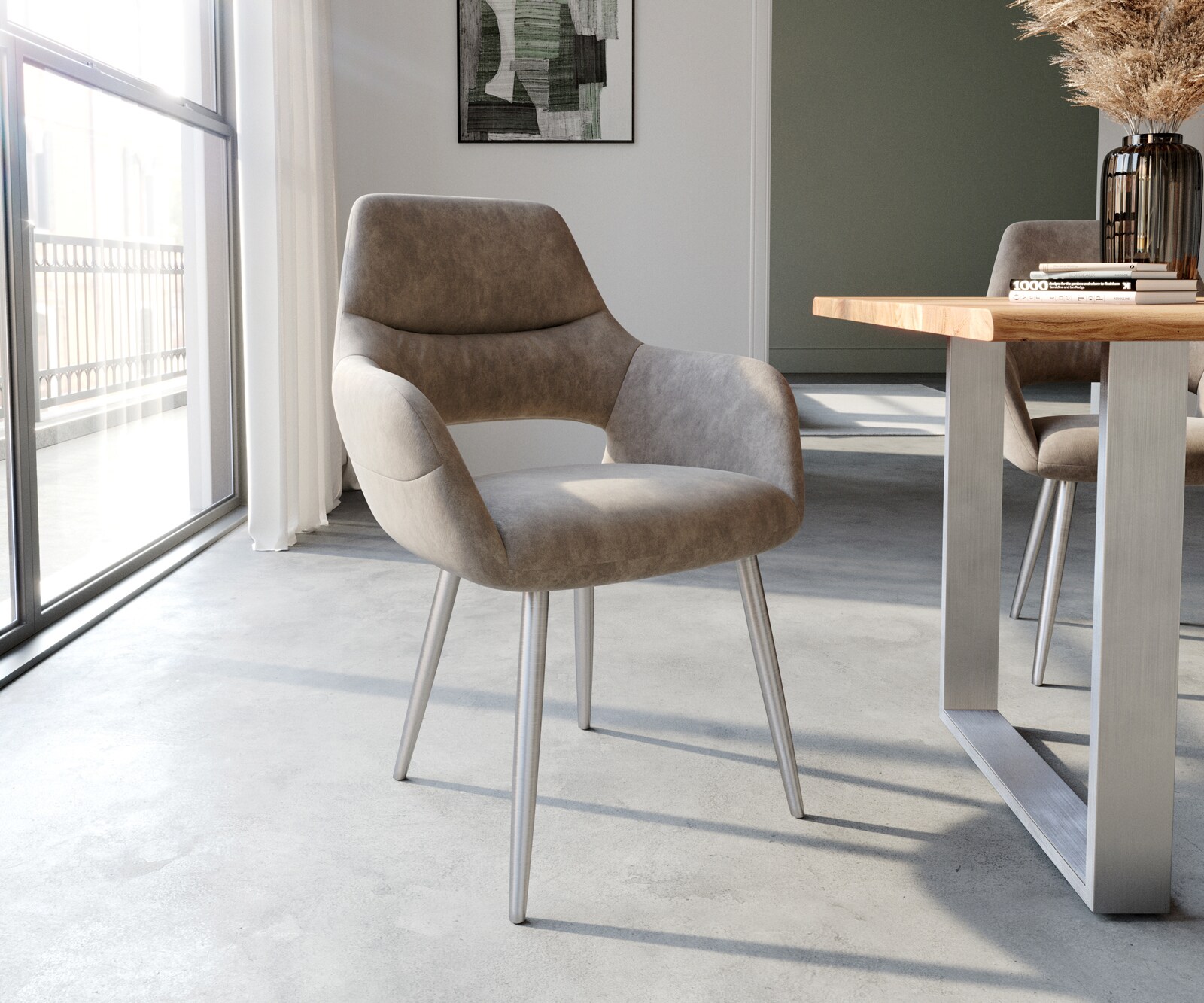 Eetkamerstoel Yago-Flex met armleuning microvelours taupe vintage 4-poot conisch roestvrij staal pocketveer kern 1
