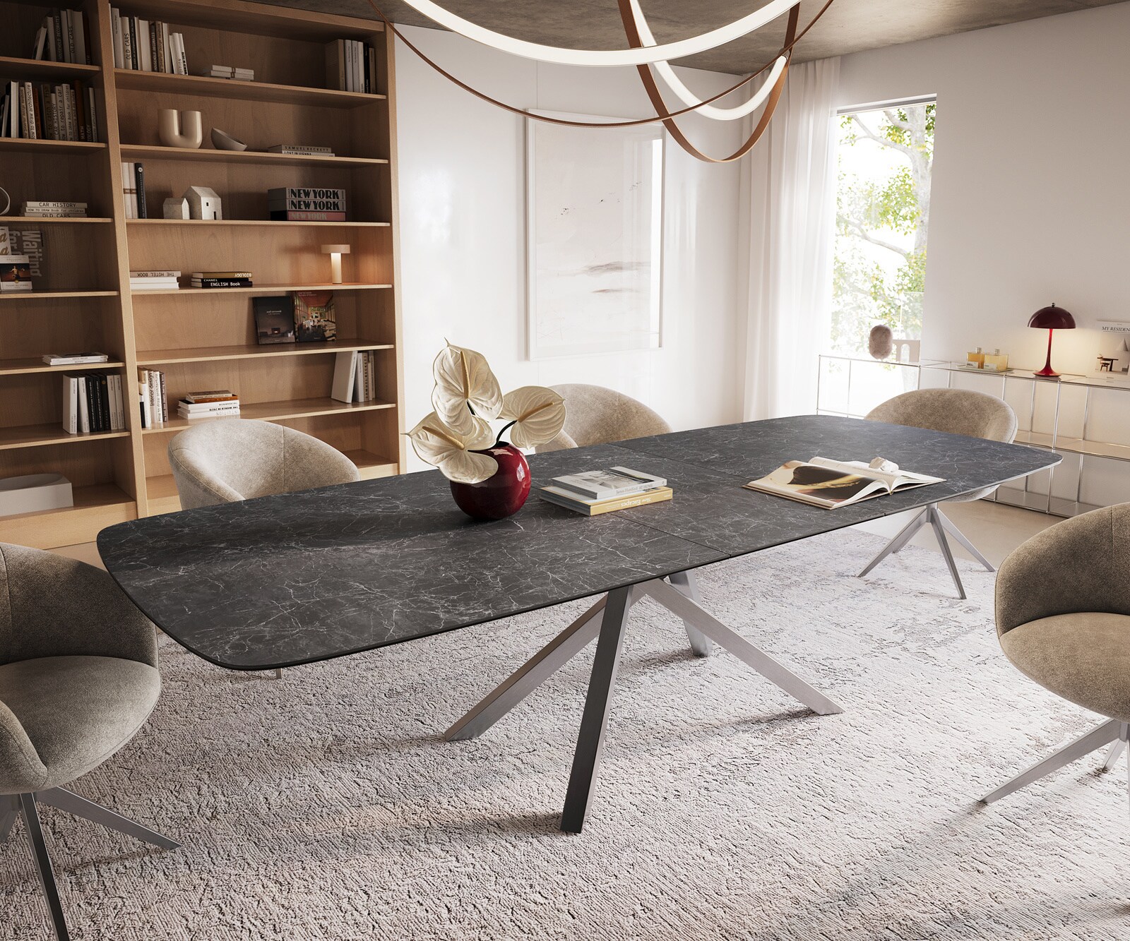 Eettafel Edge Boot 240-300x120 cm Keramiek Laminam® Nero Greco Anthrazit kruisonderstel Rechthoek Roestvrij staal uitschuifbaar 1