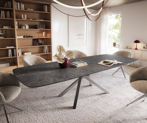 Eettafel Edge Boot 240-300x120 cm Keramiek Laminam® Nero Greco Anthrazit kruisonderstel Rechthoek Roestvrij staal uitschuifbaar