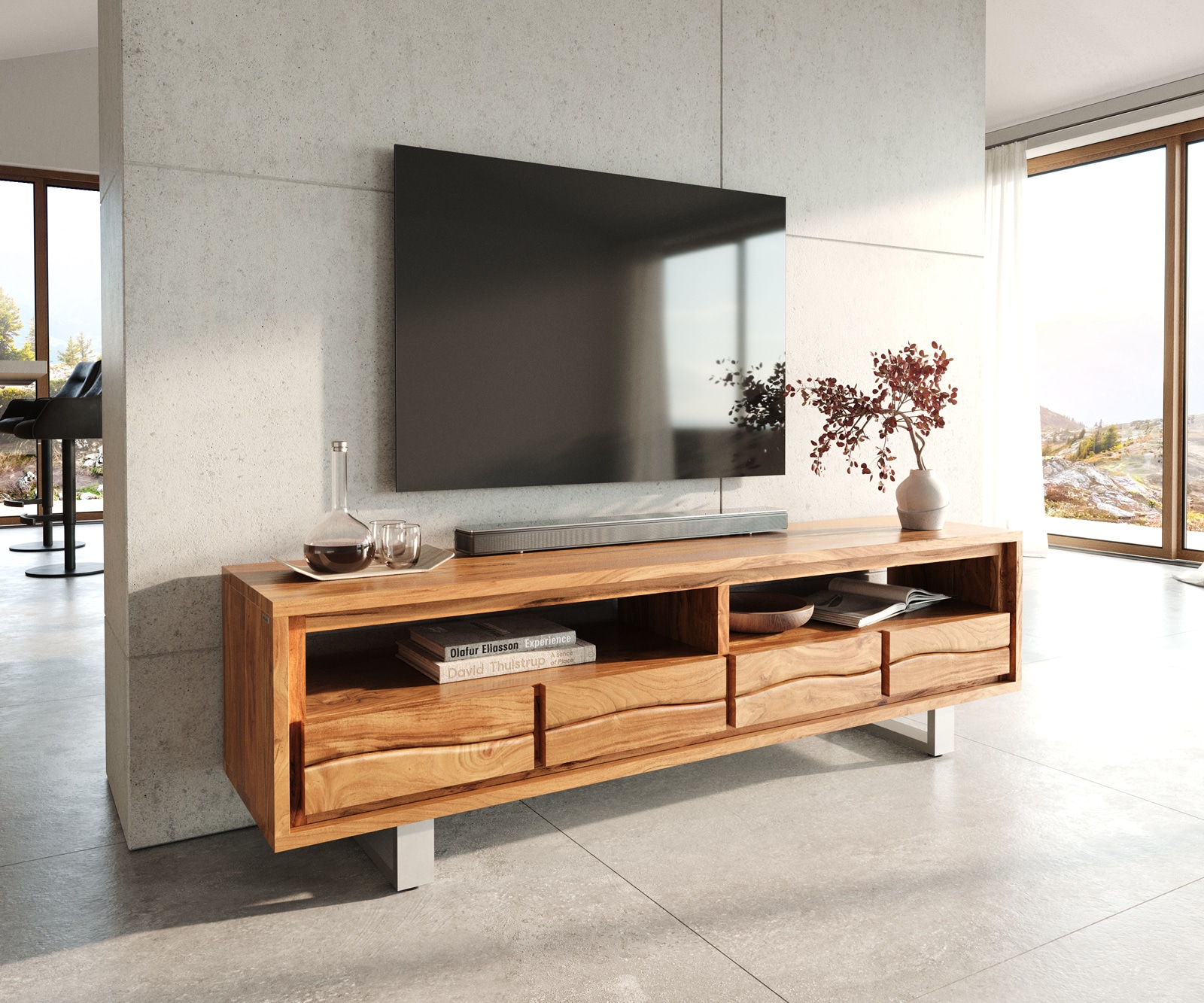 Tv-meubel Live-Edge acacia 190 cm met schuifladen boomrand  Tv-meubel Live-Edge acacia 190 cm met schuifladen boomrand