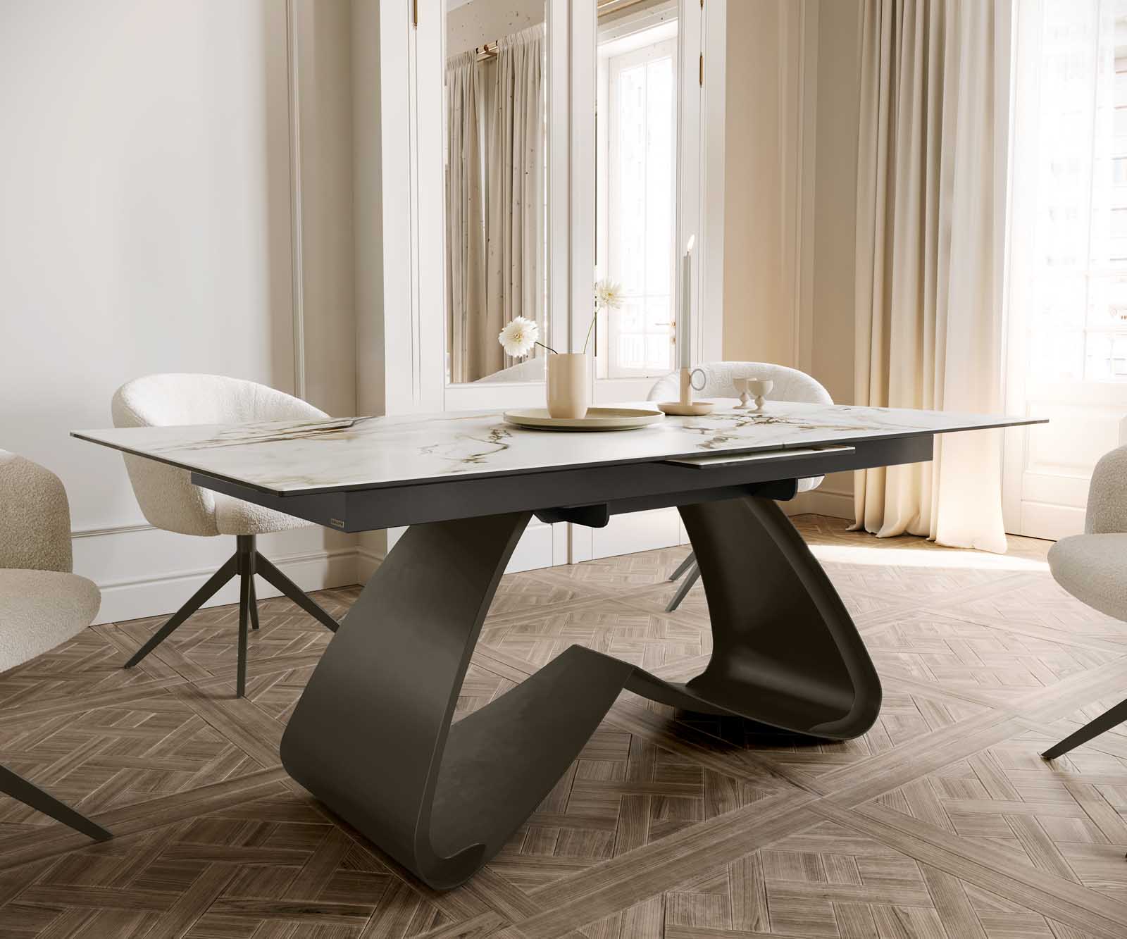 Edge eettafel 180-220x100 keramiek Calacatta Luxe wit-goud-grijs W-frame effect afwerking titanium Uitschuifbaar 6 Edge eettafel 180-220x100 keramiek Calacatta Luxe wit-goud-grijs W-frame effect afwerking titanium Uitschuifbaar 6