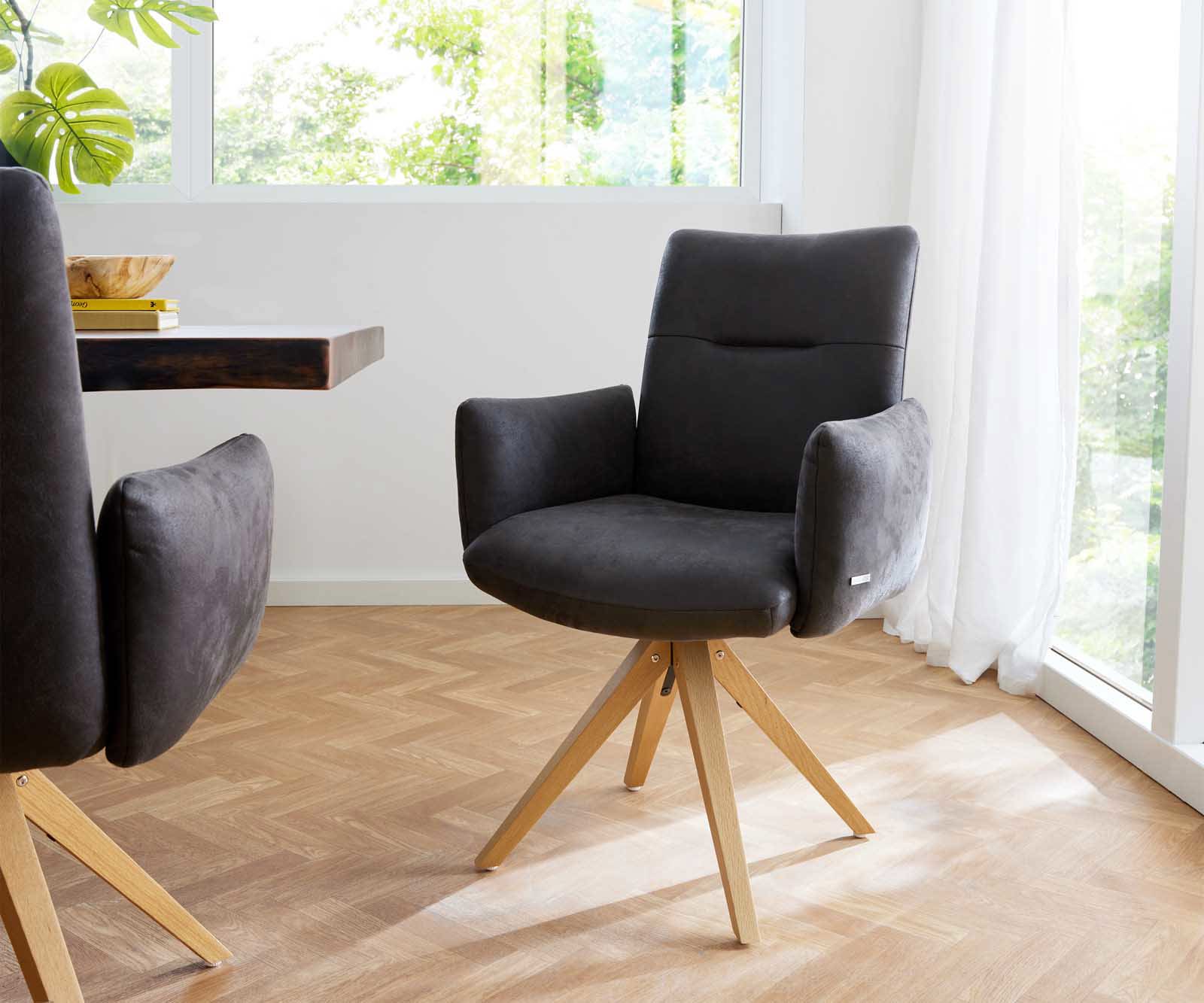 Draaistoel Jova-Flex met armleuning microvelours antraciet vintage houten frame hoekig natuur 180° draaibaar pocketveer kern