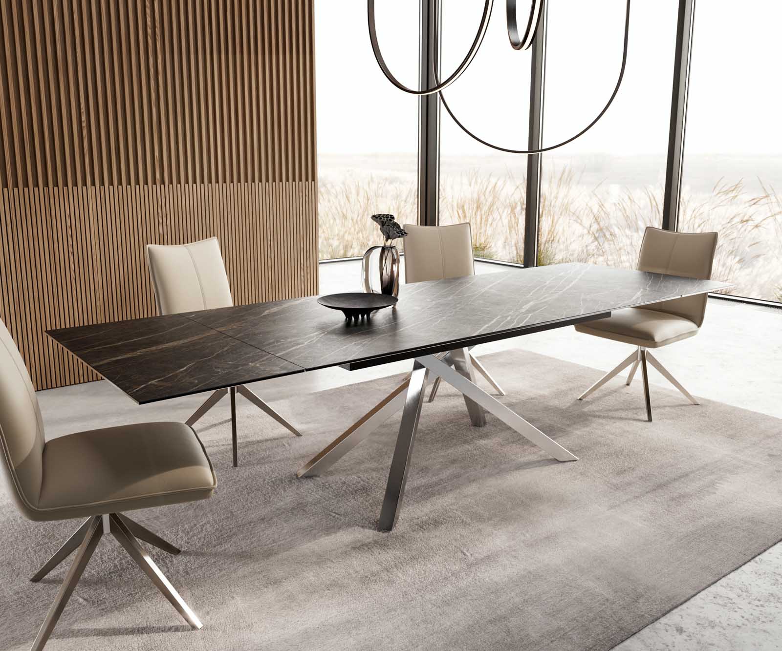 Eetkamertafel Edge 200-300x100 keramiek Laminam®Noir Desir bruin kruisframe rechthoek RVS uitschuifbaar 6 Eetkamertafel Edge 200-300x100 keramiek Laminam®Noir Desir bruin kruisframe rechthoek RVS uitschuifbaar 6