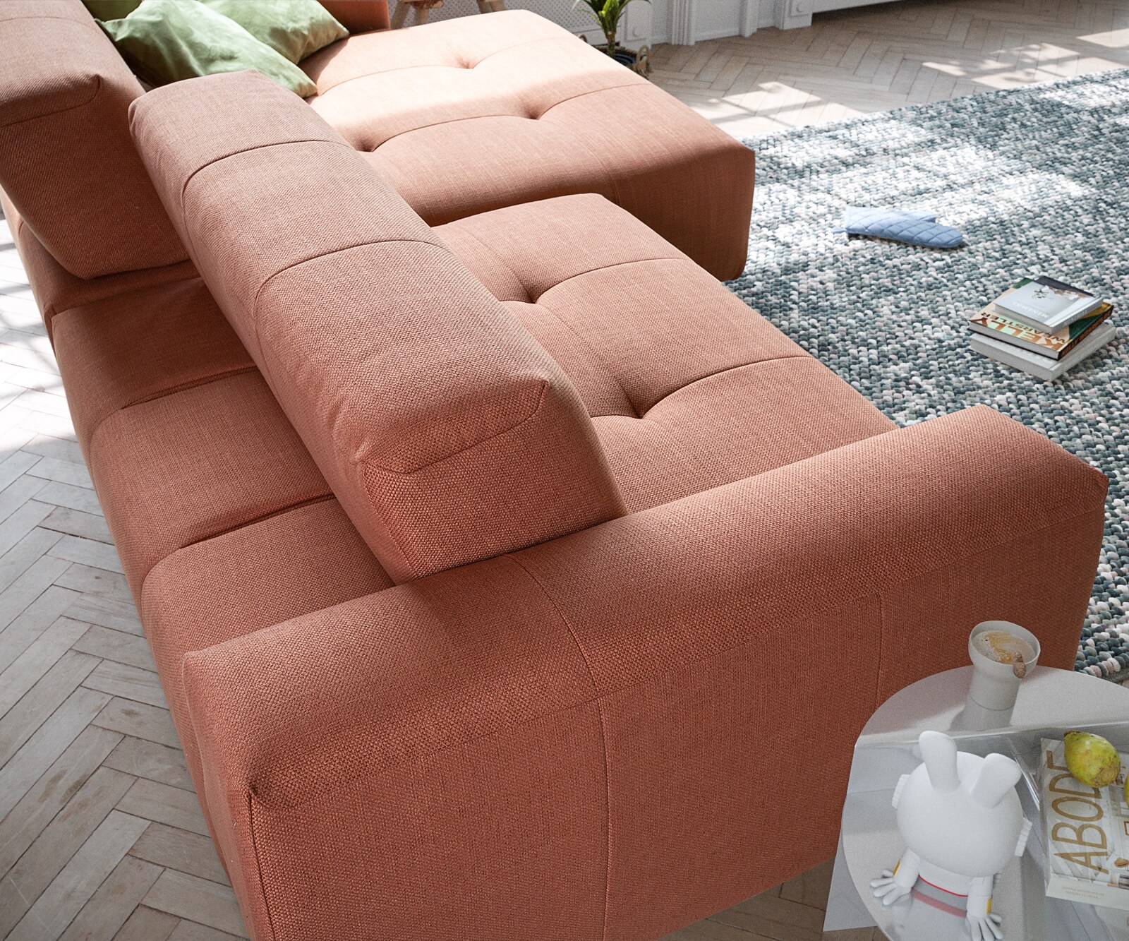 Hoekbank Lazaro 300x160 cm vlak geweven oranje ottoman rechts met zitdiepteverstelling 3
