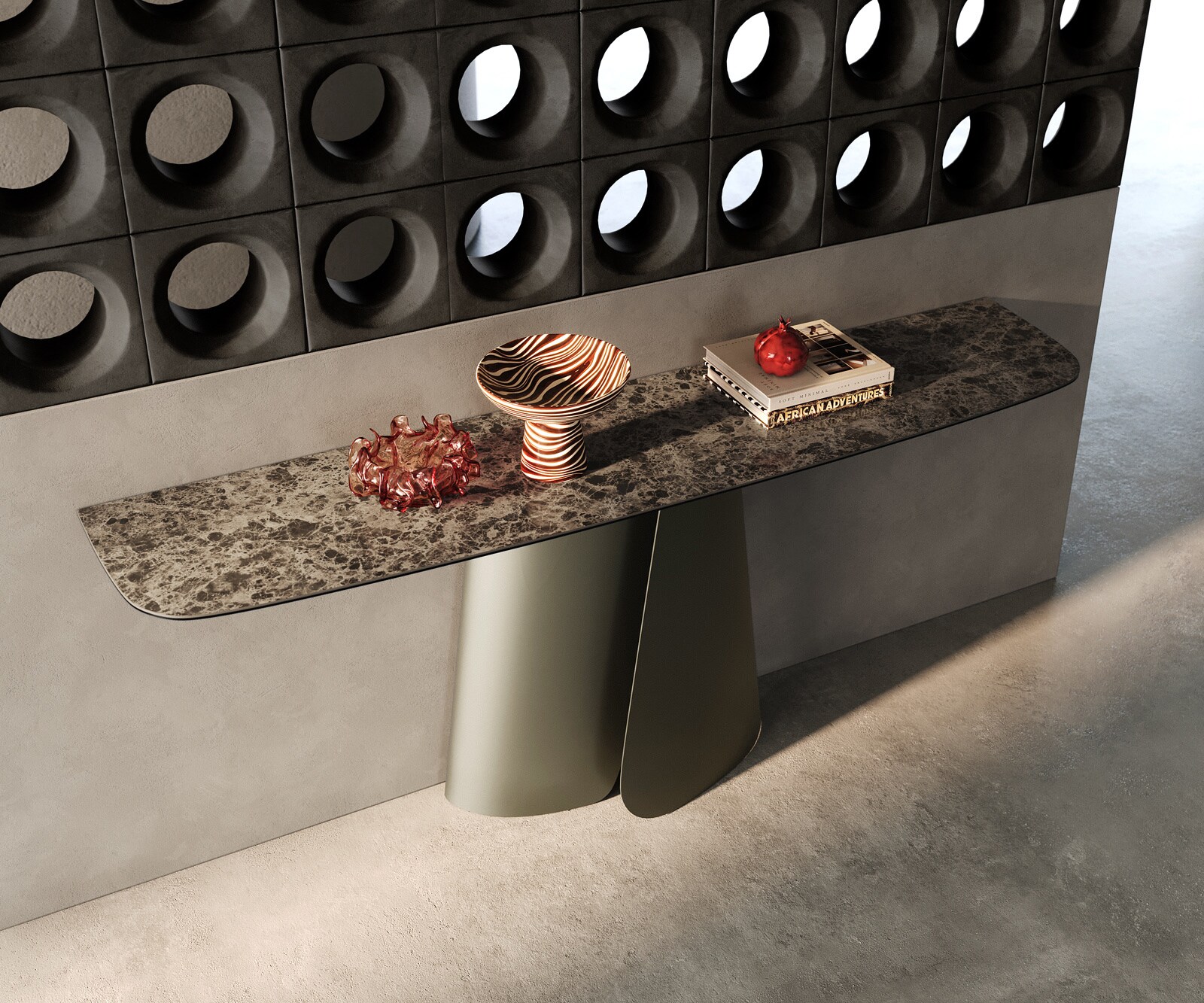 Consoletafel Edge Bootvorm 180x40 cm Keramiek Emperador Extra Lucidato Dunkelbraun Livos Metaal Effektfinish Titan 2