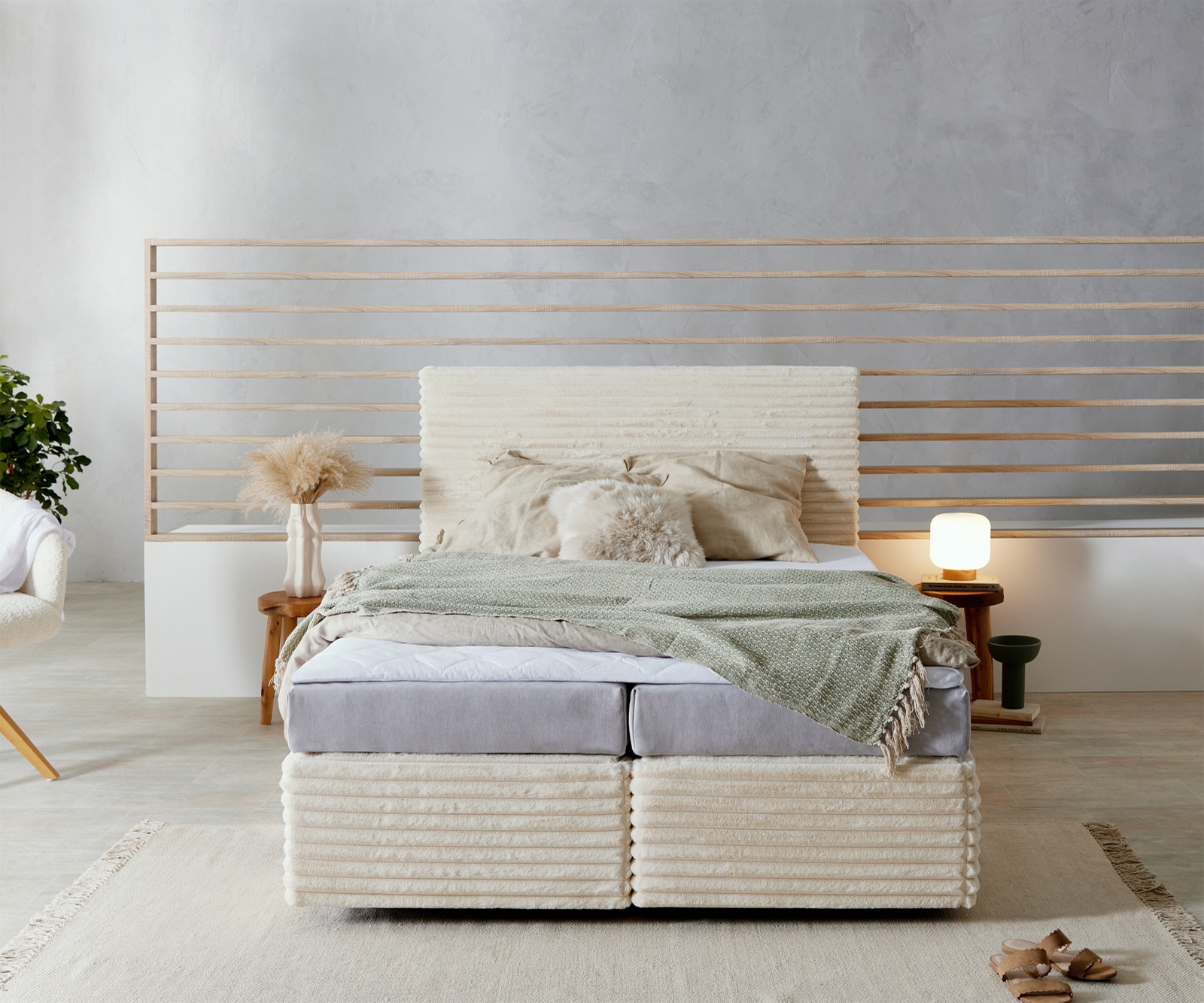 Boxspringbed Dream-Well pluche corduroy beige 140x200 cm Bonell matras PU topper 1 Boxspringbed Dream-Well pluche corduroy beige 140x200 cm Bonell matras PU topper 1