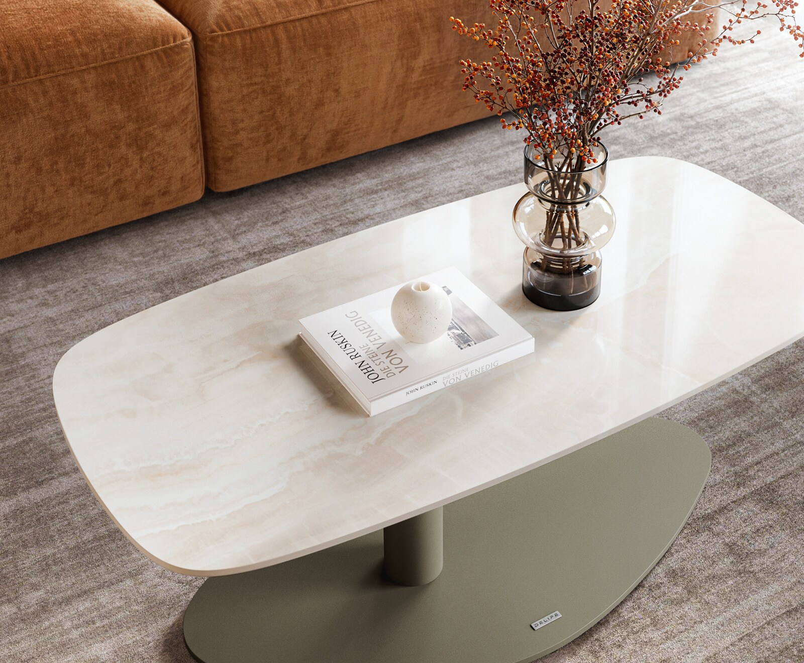 Salontafel Edge bootvormig 100x50 cm keramiek Onyx Champagne Vibany metaal effectafwerking titaan 3