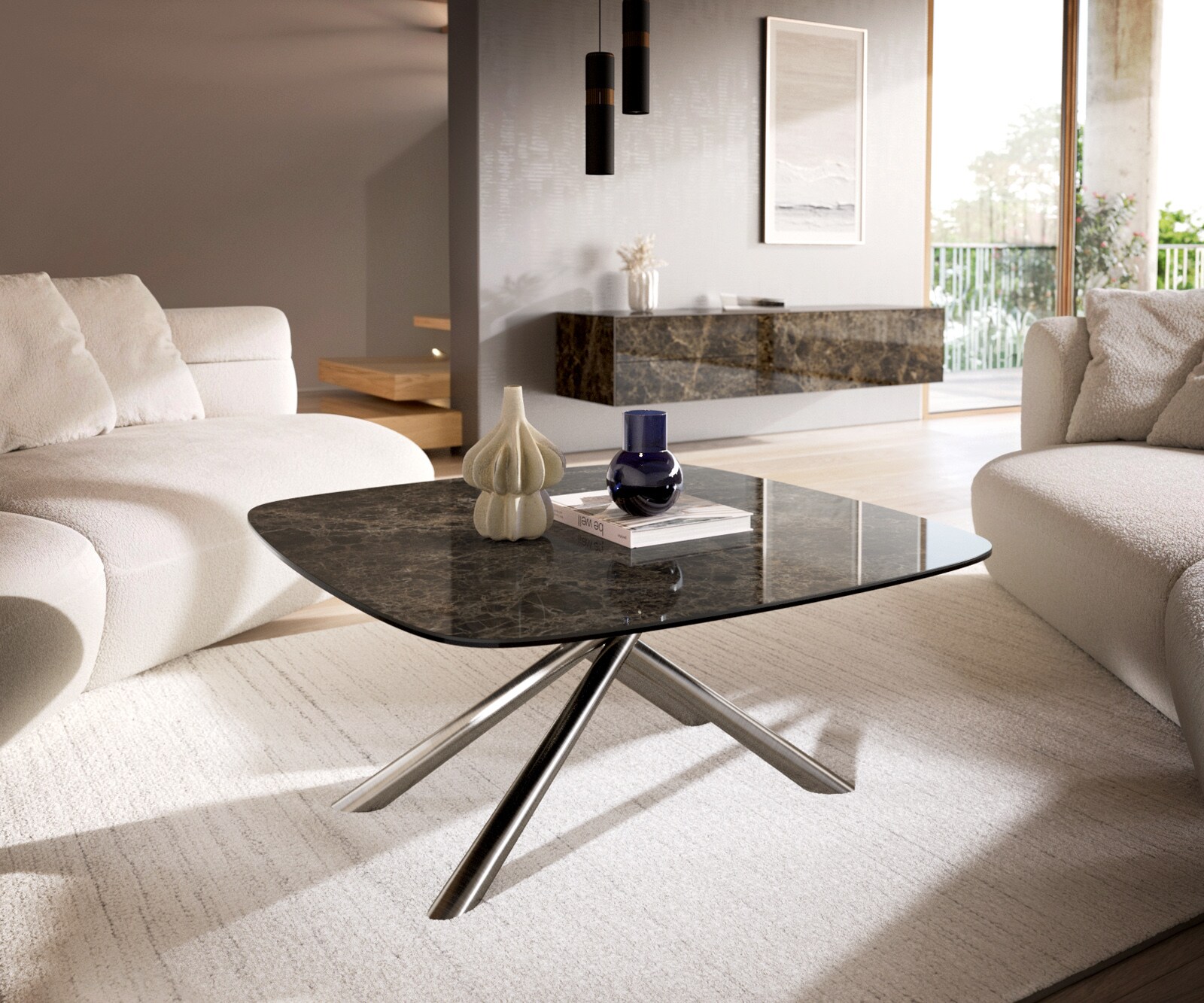 Salontafel Edge Boot 90x90 cm keramiek Laminam® Emperador Extra Lucidato donkerbruin Sarity geborsteld roestvrij staal