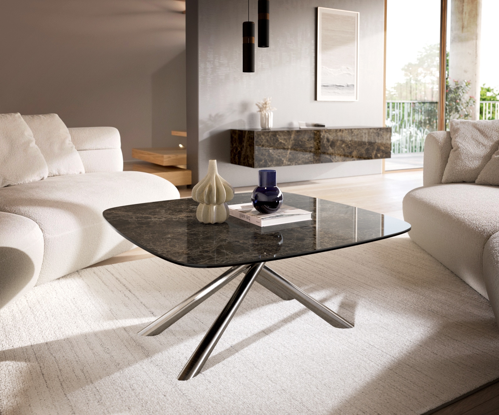 Salontafel Edge Boot 90x90 cm keramiek Laminam® Emperador Extra Lucidato donkerbruin Sarity geborsteld roestvrij staal 1