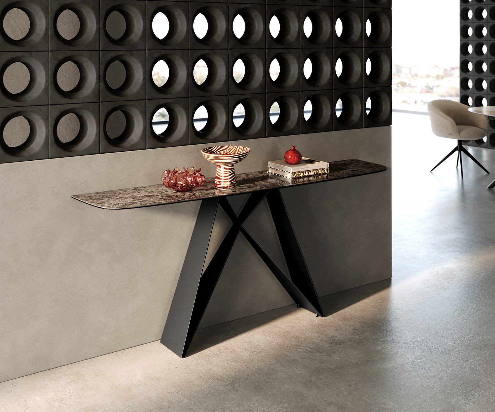 Consoletafel Edge Bootvorm 180x40 cm Keramiek Emperador Extra Lucidato Dunkelbraun Velio Metaal Zwart 4