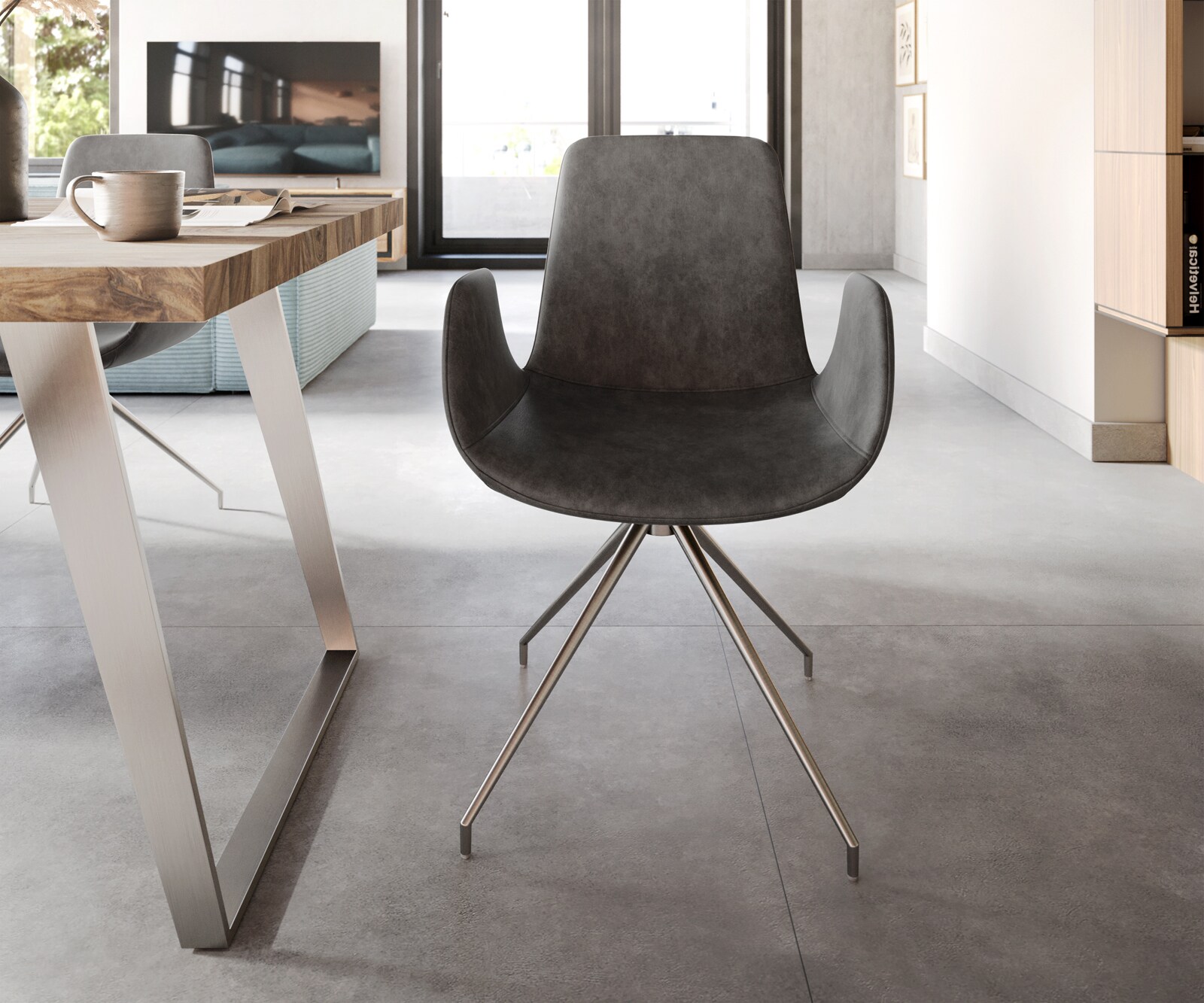 Eetkamerstoel Ilia-Flex met armleuning microvelours antraciet vintage kruisframe conisch roestvrij staal 1 Eetkamerstoel Ilia-Flex met armleuning microvelours antraciet vintage kruisframe conisch roestvrij staal 1