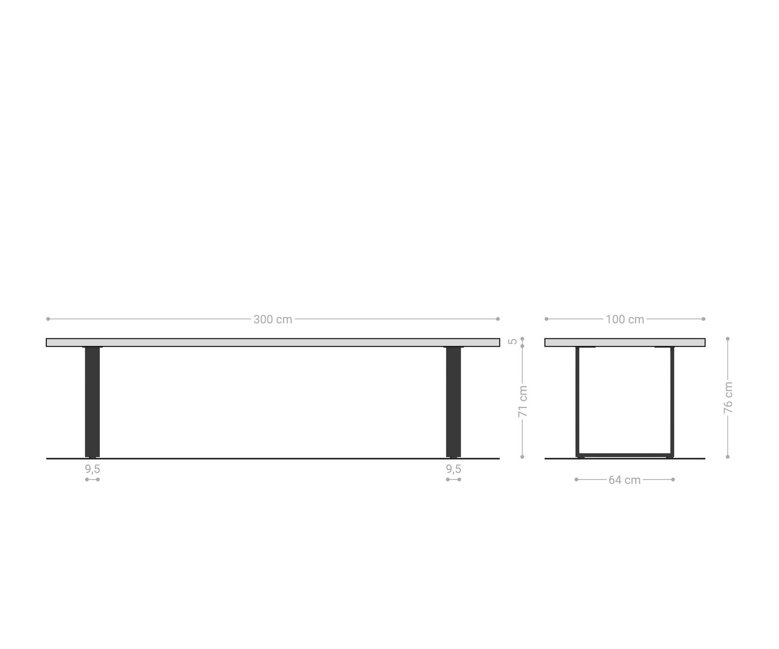 Eettafel Edge 300x100 eiken natuur roestvrij staal smal 8