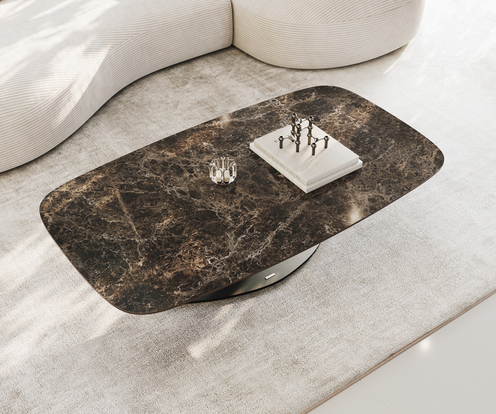 Salontafel Edge bootvorm 140x80 cm keramiek Emperador Extra Lucidato donkerbruin Vibany metaal zwart 4