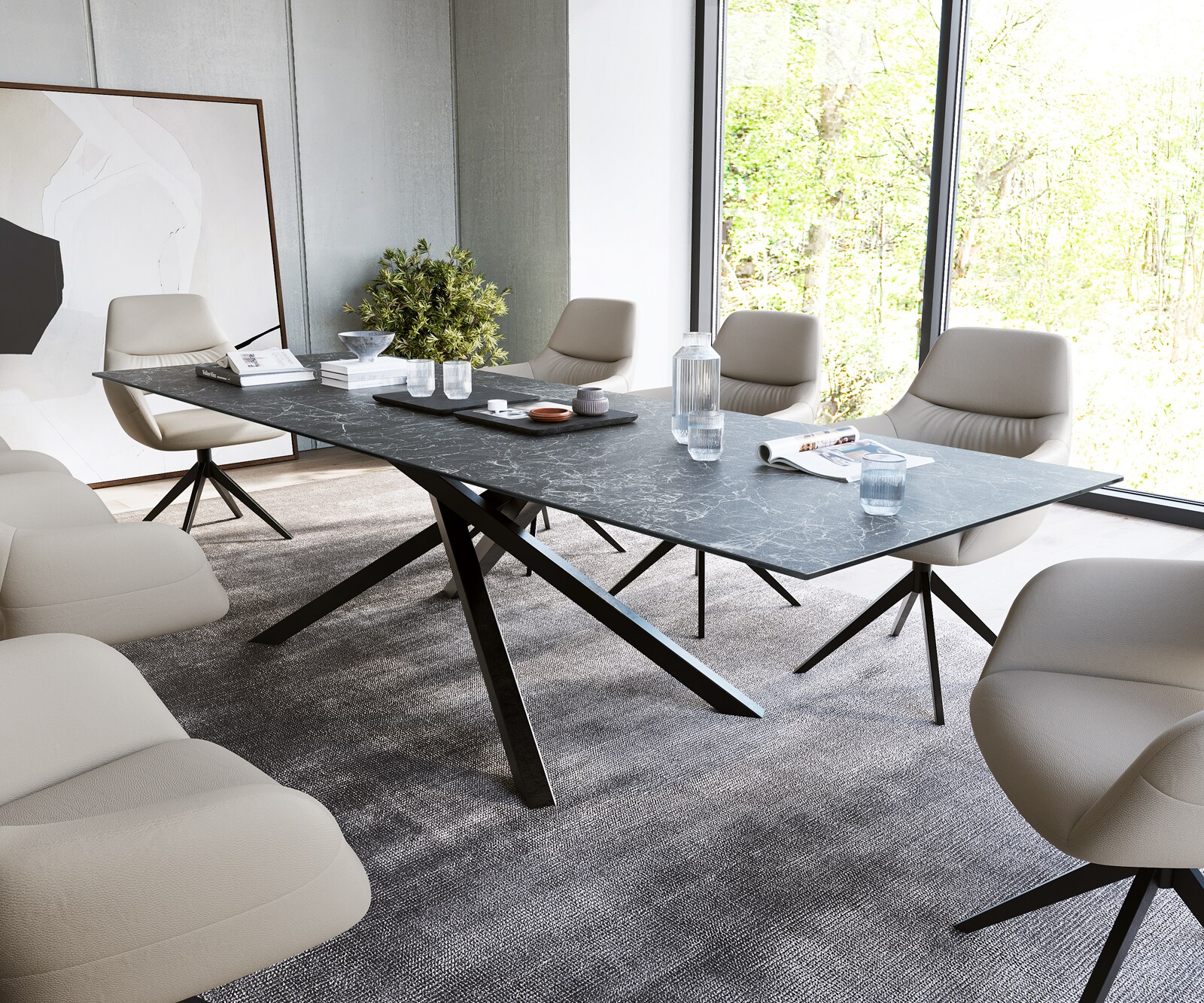 Eettafel Edge 300x100cm Laminam® keramiek grijs middenpoot kruis zwart Eettafel Edge 300x100cm Laminam® keramiek grijs middenpoot kruis zwart