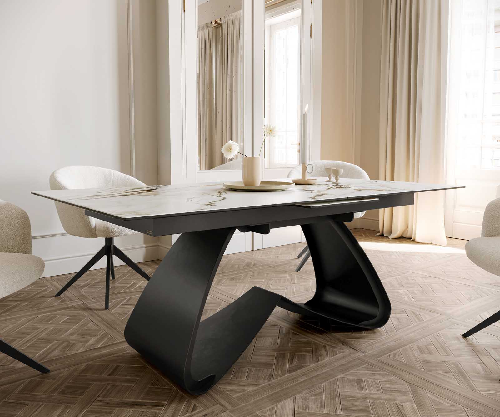 Eetkamertafel Edge 180-220x100 keramiek Calacatta Luxe wit-goud-grijs W-frame zwart uitschuifbaar 6