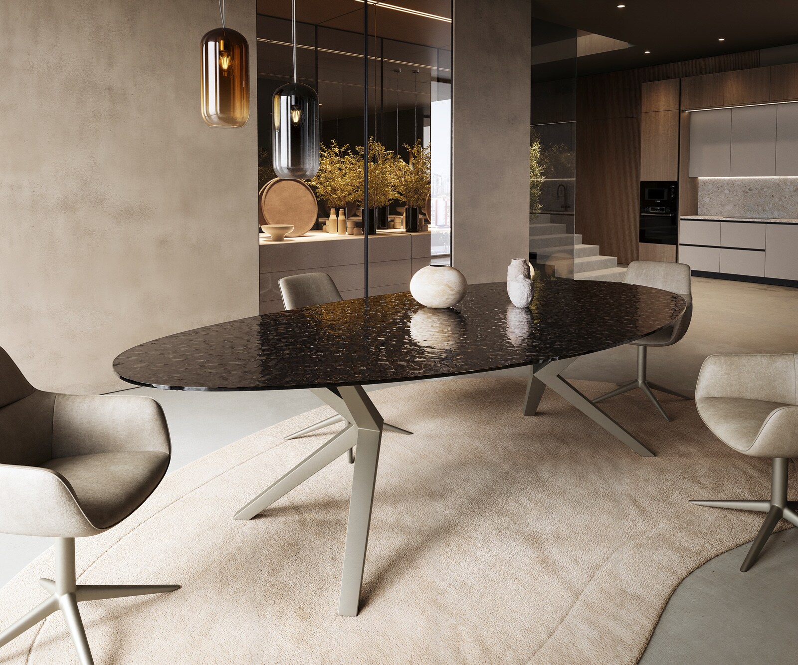 Eetkamertafel Edge ovaal 280x130 reliëfglas Rauchzwart 3D-Design Zenthara hoekig metaal effectafwerking titaan