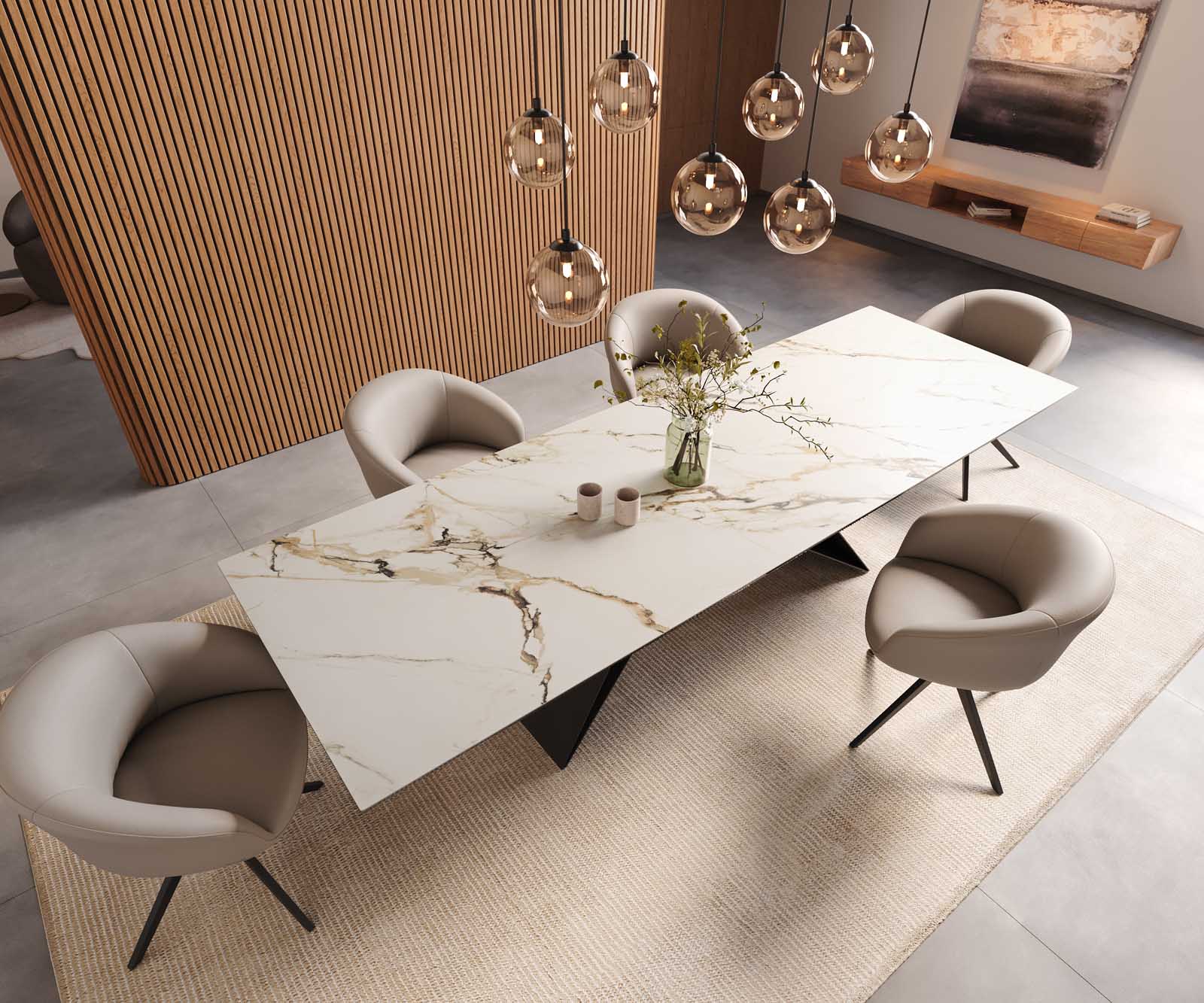 Eetkamertafel Edge 300x100 keramiek Calacatta Luxe wit-goud-grijs V-frame vlak staal zwart 6