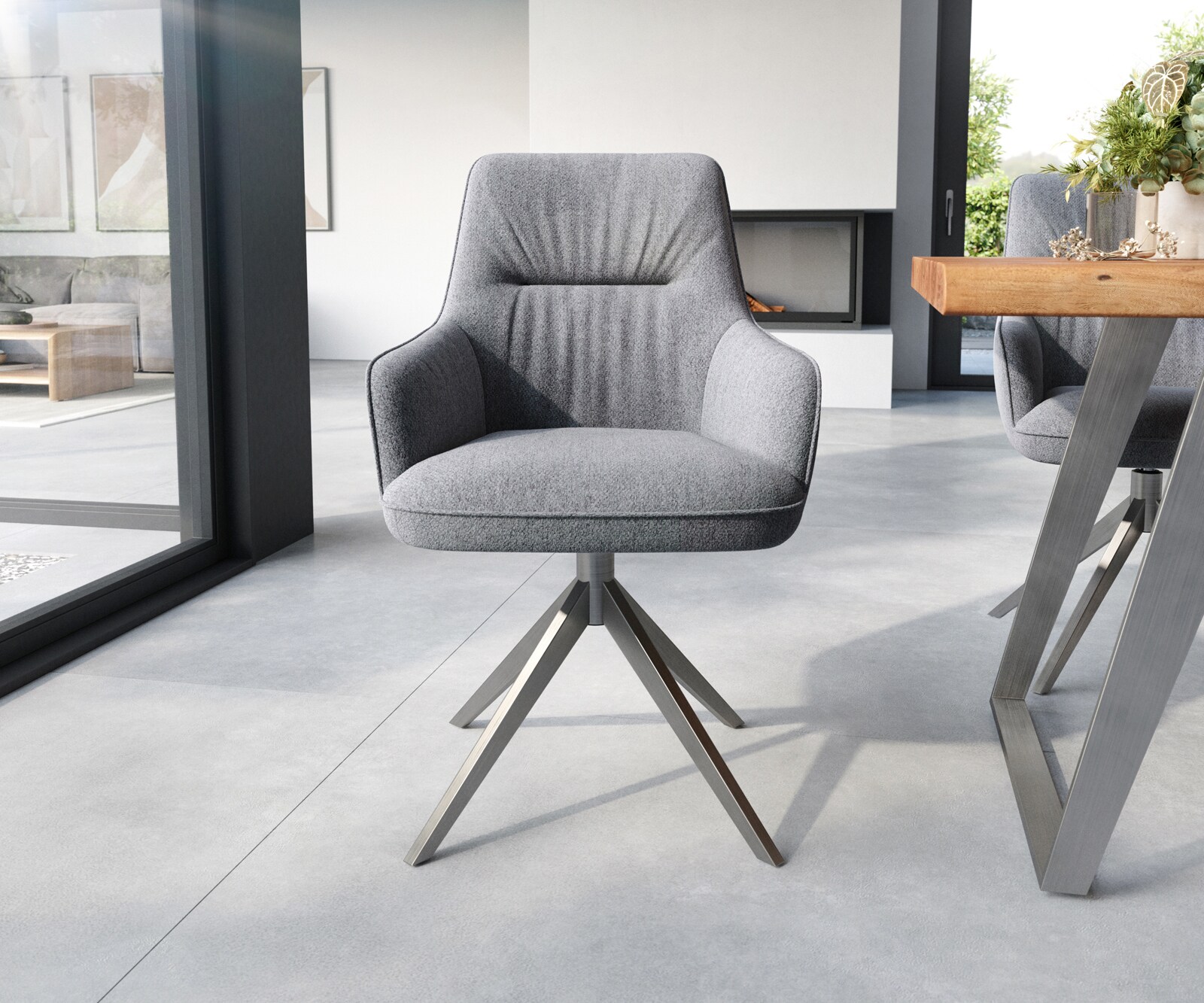 Eetkamerstoel Zelia-Flex met armleuning structuurstof lichtgrijs kruisframe breed roestvrij staal pocketveer kern 1 Eetkamerstoel Zelia-Flex met armleuning structuurstof lichtgrijs kruisframe breed roestvrij staal pocketveer kern 1