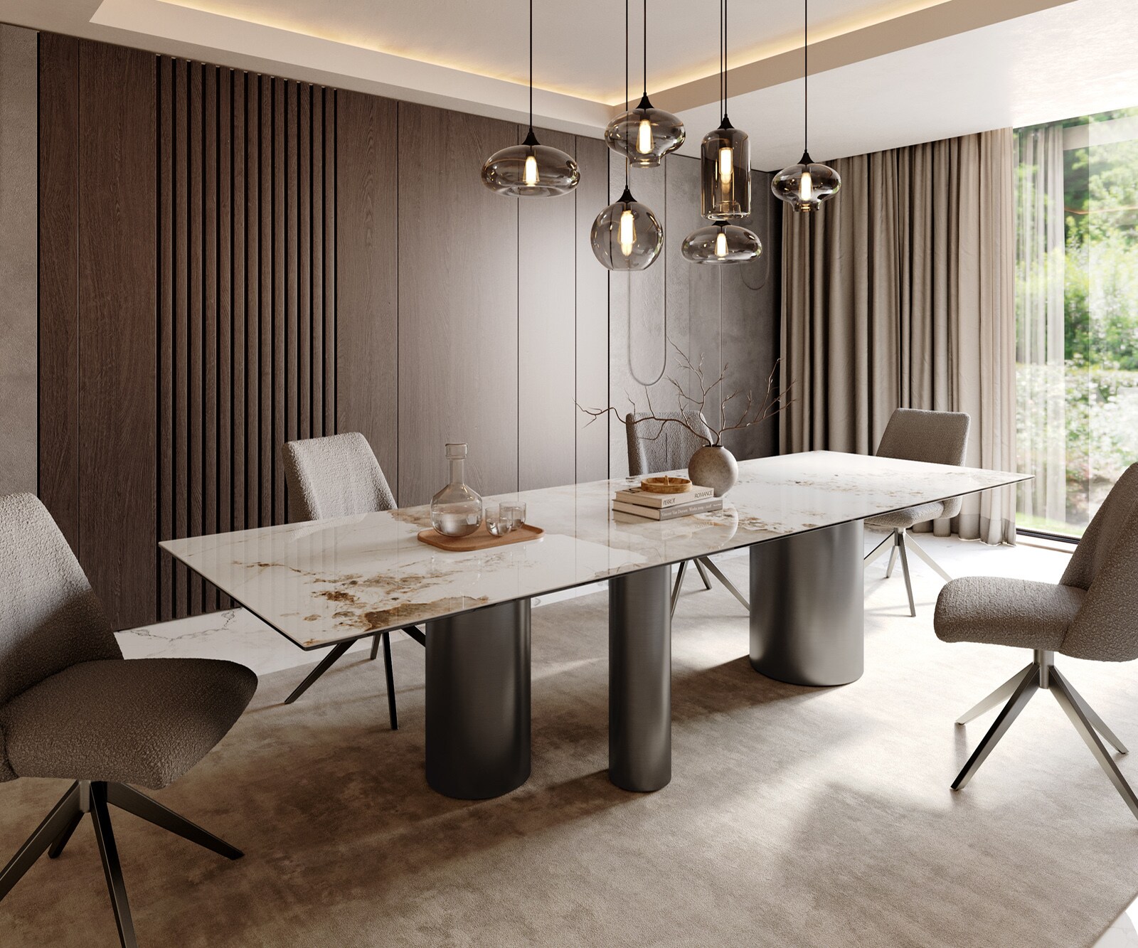 Eetkamertafel Edge 300x100 keramiek Minas Melange wit-Beige Troa roestvrij staal grafiet