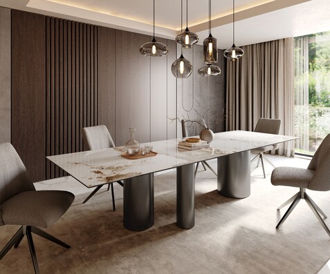 Eetkamertafel Edge 300x100 keramiek Minas Melange wit-Beige Troa roestvrij staal grafiet