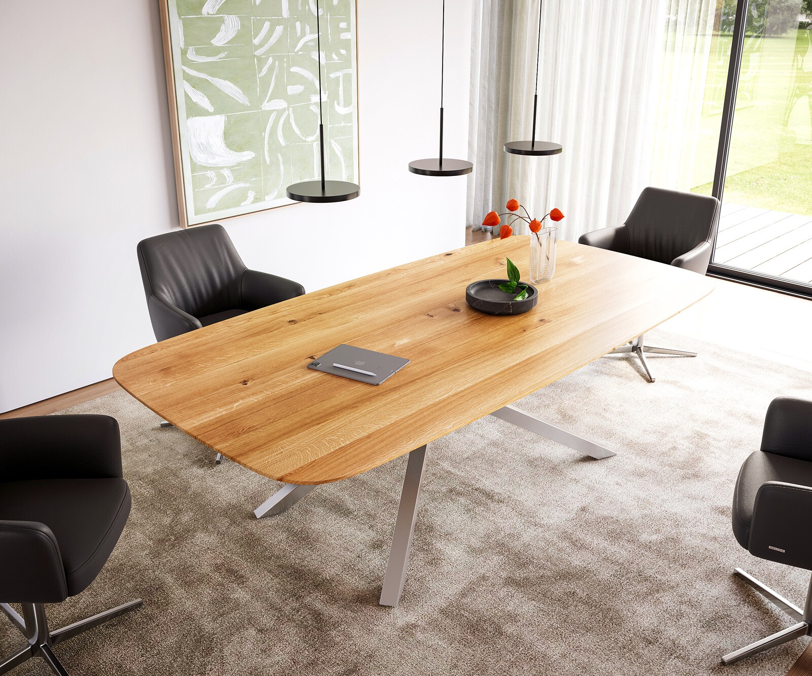 Eettafel Edge Boot 240x120x2,5-3 eiken natuur kruisframe rechthoek RVS Zwitserse rand 1