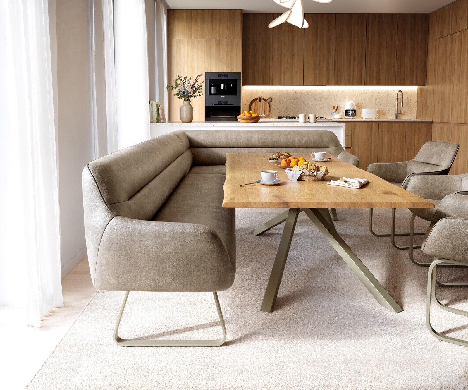 Eetkamerbank Taya-Flex 285x190 cm microvelours beige vintage platte sledebasis afwerking met titaniumeffect pocketvering rechts 2