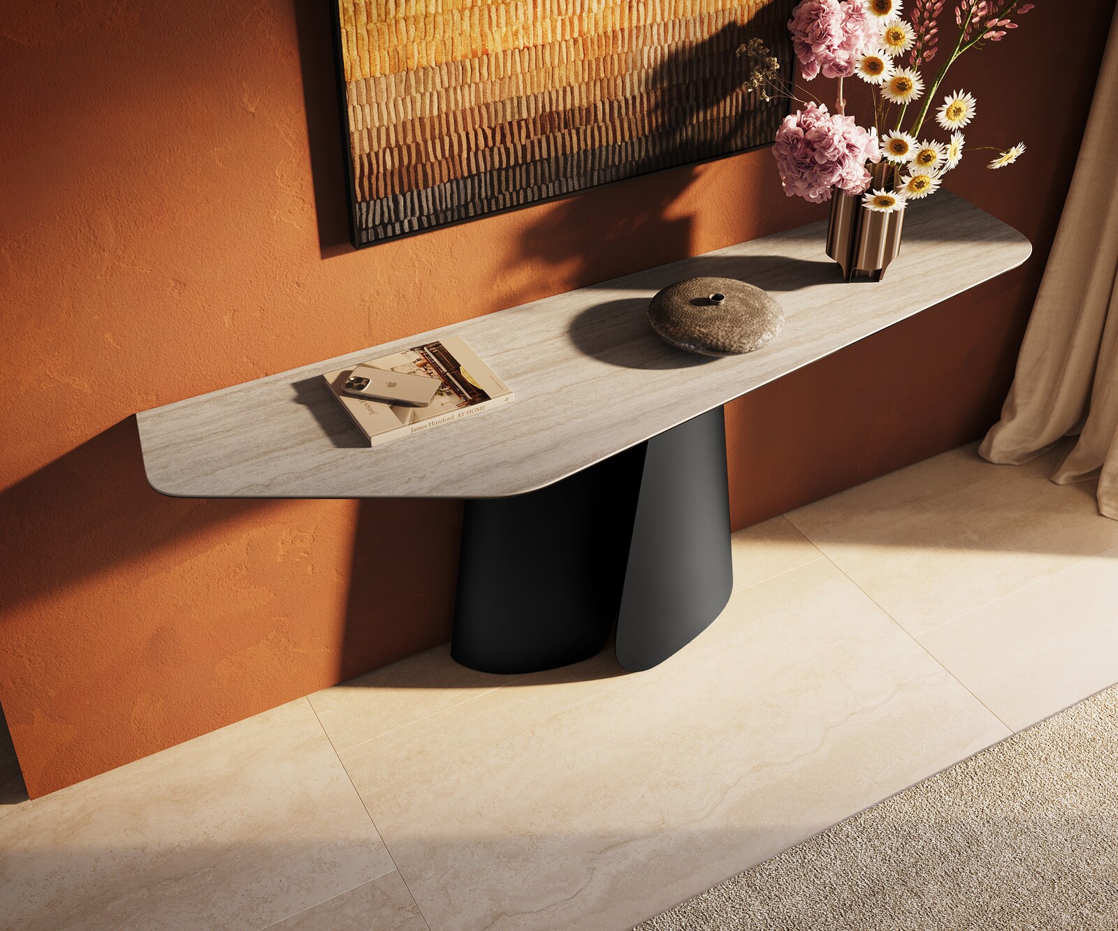 Consoletafel Edge Polygonaal 180x50 cm Keramiek Laminam® Travertino Bianco Creme-Weiß Livos Metaal Zwart 4