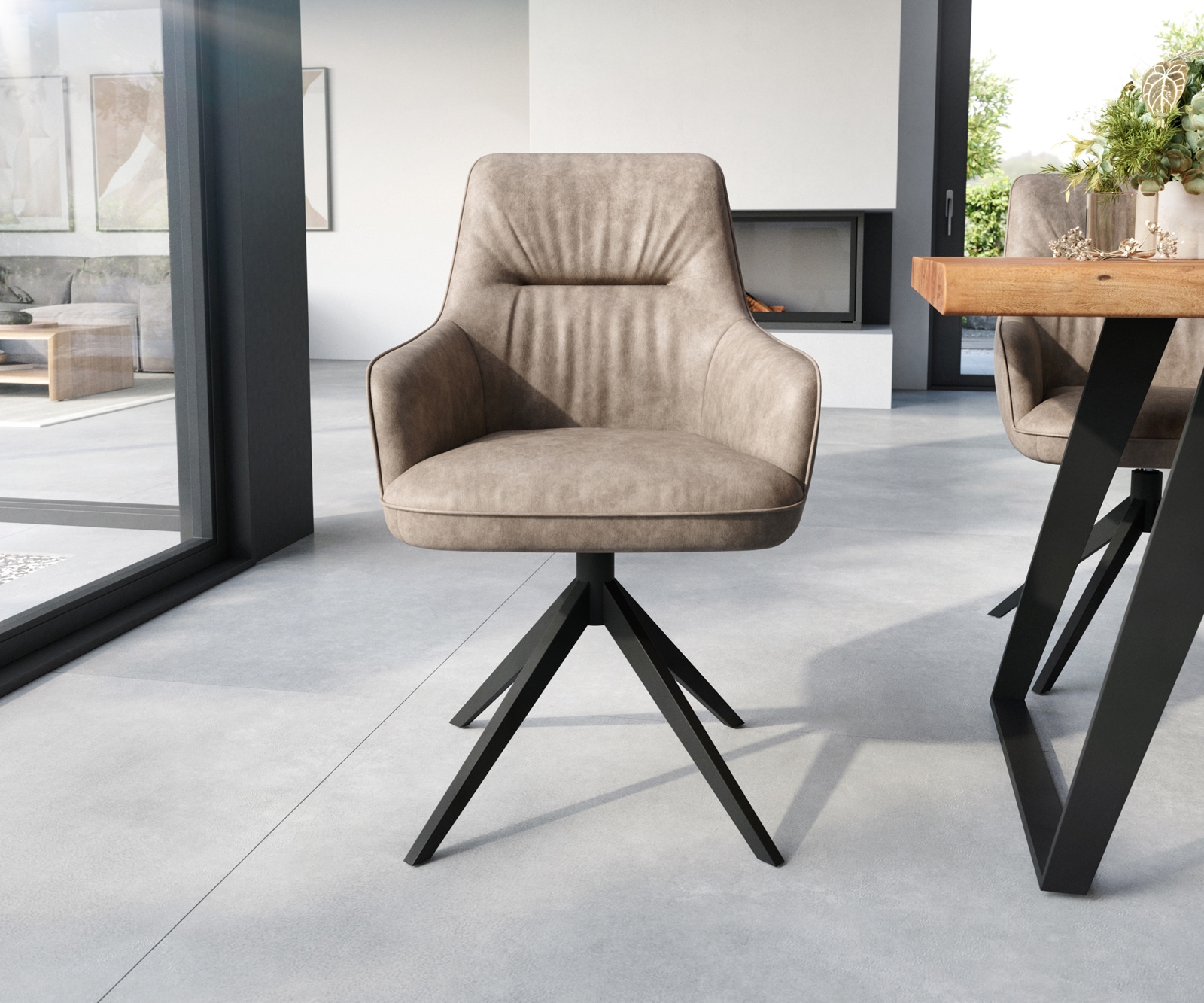 Eetkamerstoel Zelia-Flex met armleuning microvelours taupe vintage kruisframe breed zwart pocketveer kern 1 Eetkamerstoel Zelia-Flex met armleuning microvelours taupe vintage kruisframe breed zwart pocketveer kern 1