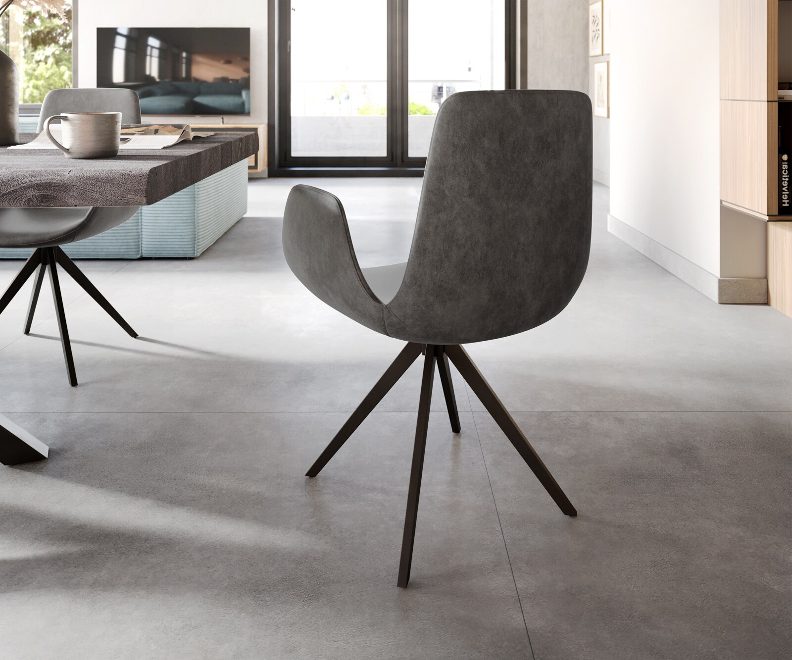 Eetkamerstoel Ilia-Flex met armleuning microvelours antraciet vintage kruisframe hoekig zwart 4 Eetkamerstoel Ilia-Flex met armleuning microvelours antraciet vintage kruisframe hoekig zwart 4