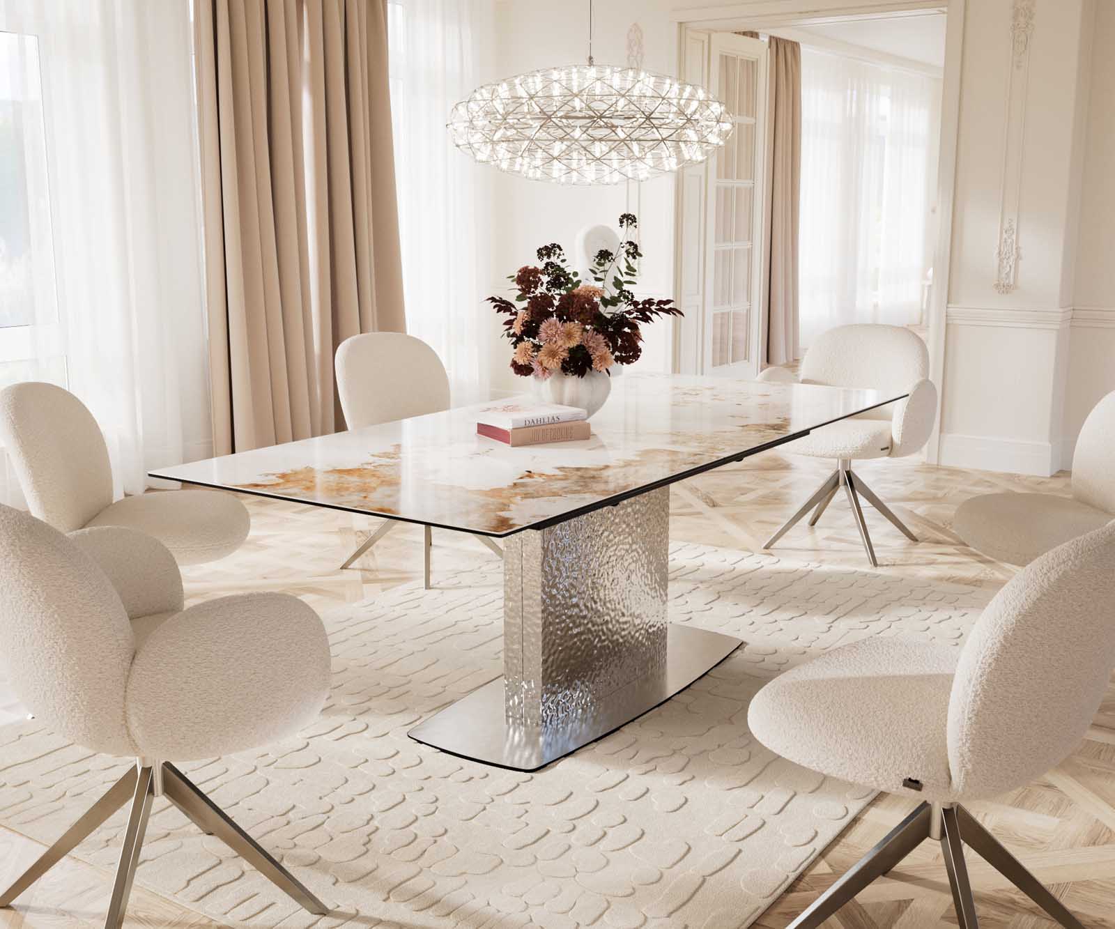 Eetkamertafel Edge 180-220x100 keramiek Minas Melange wit-beige Wave RVS uitschuifbaar 9