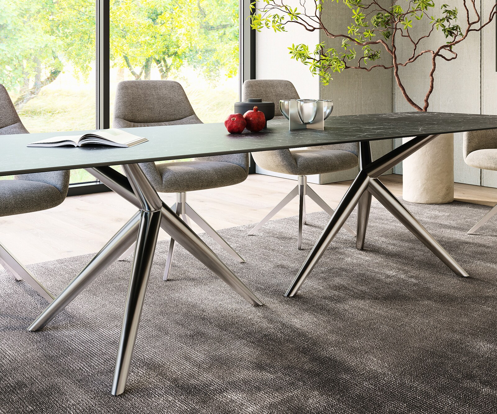 Eetkamertafel Edge 300x100 keramiek Laminam®Nero Greco Anthrazit Estelar rond  roestvrij staal 6