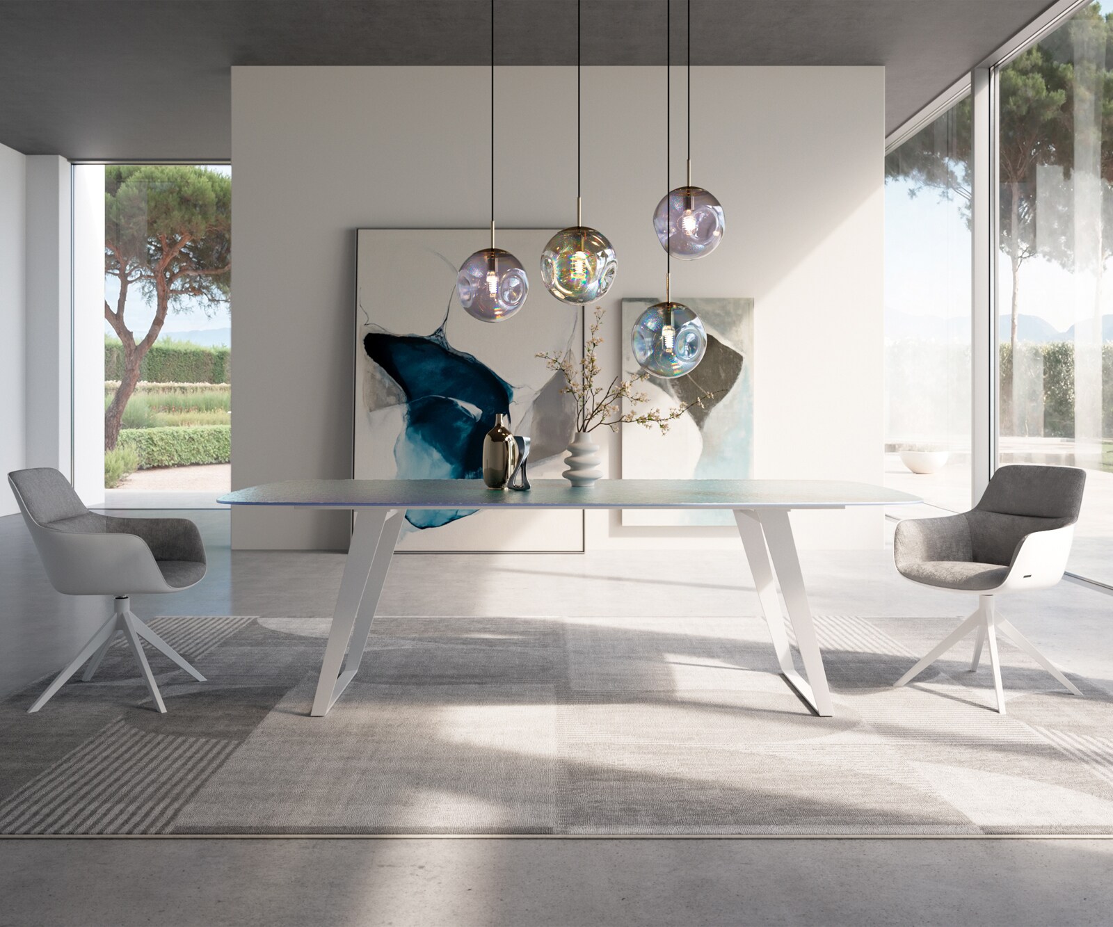 Eetkamertafel Edge Boot 240x120 cm Reliefglas Parelmoer 3D-Design Metaal Schuin Wit 2