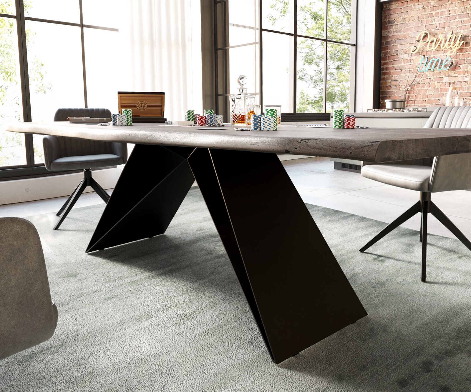 Eettafel Edge 260x100 acacia platina  V-frame staal  zwart  Live-Edge 4