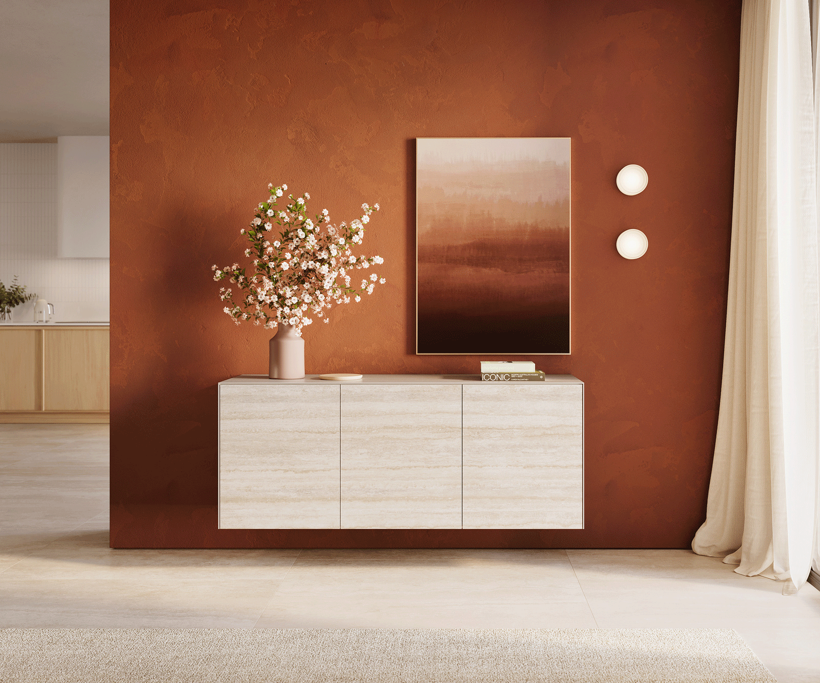 Dressoir Cuor 150 cm Keramiek Laminam® Travertino Bianco Crème-wit 3 Deuren Zwevend 1