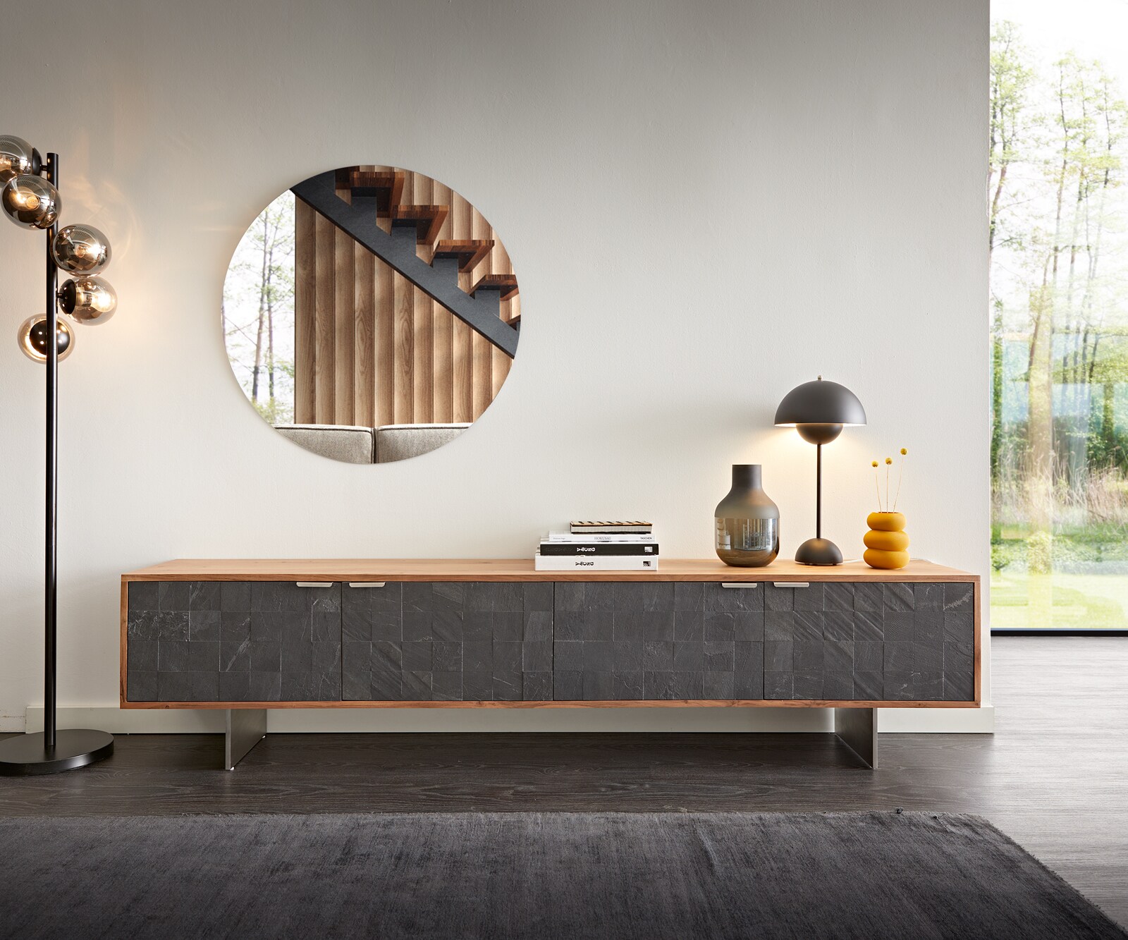 Tv-meubel Teele 200 cm acacia natuur leisteen 4 deuren poot zwevend roestvrij staal 1