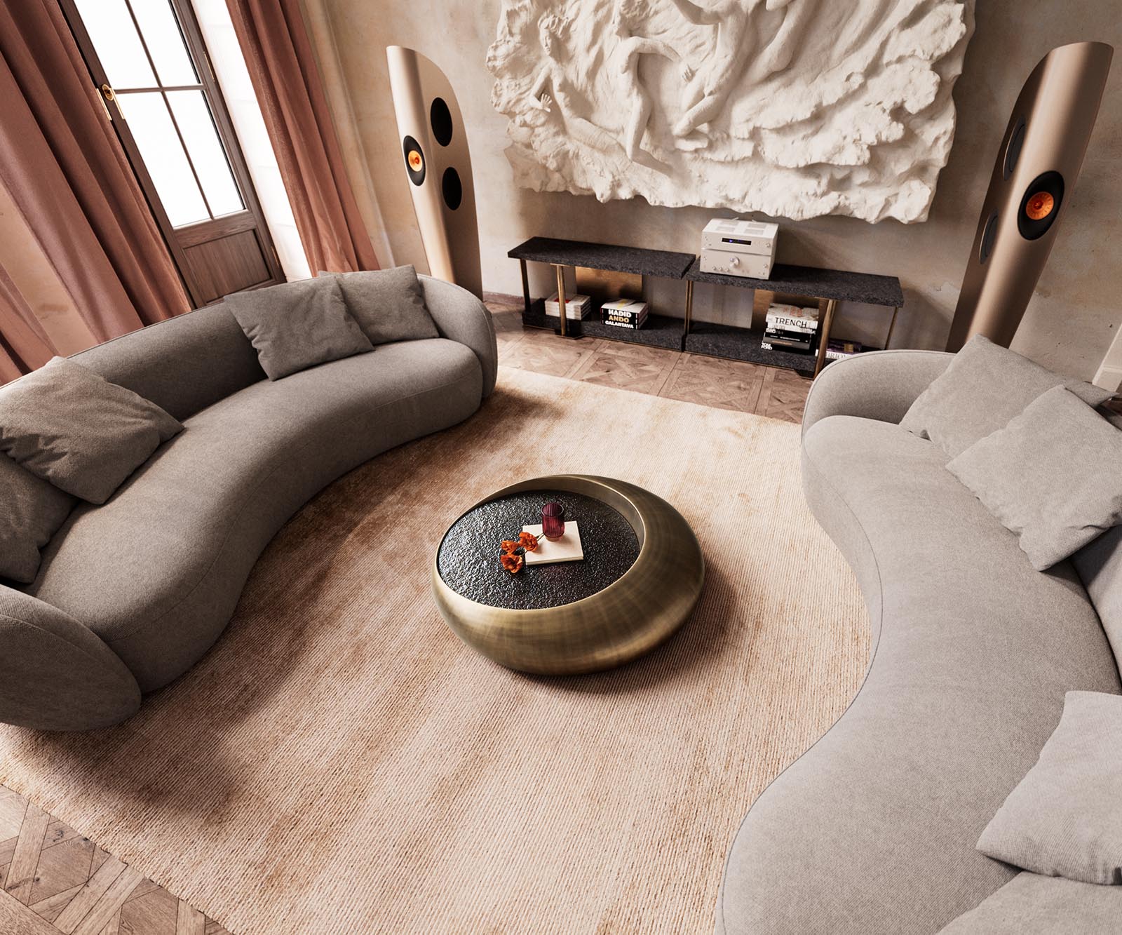 Salontafel Blaise 100x100 cm Goud met reliëfglas taupe 5 Salontafel Blaise 100x100 cm Goud met reliëfglas taupe 5