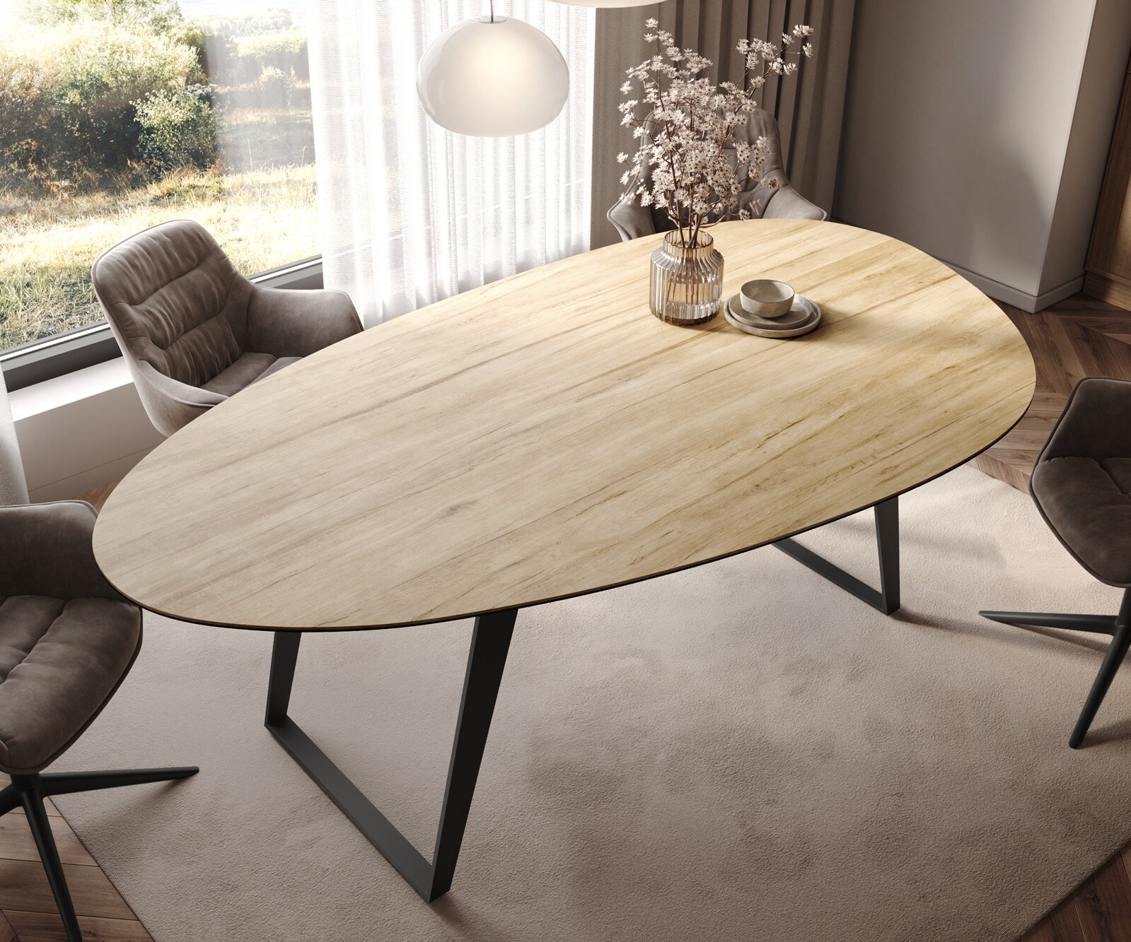 Eetkamertafel Edge Oval 220x120 cm Keramiek Laminam® Sabbia eikenkleurig Metaal Schuin Zwart 3