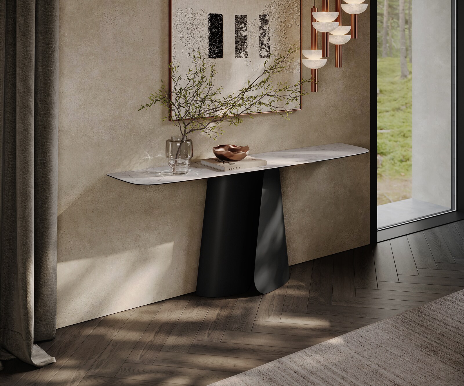 Consoletafel Edge Bootvorm 180x40 cm Keramiek Laminam® Statuarietto Weiß Livos Metaal Zwart 4