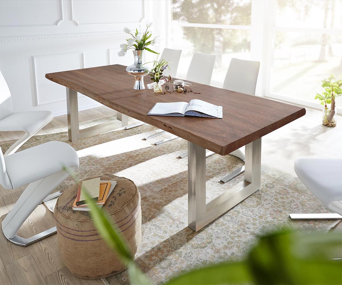 Eettafel Edge 300x100 XL acacia bruin roestvrijstaal breed Live-Edge 1