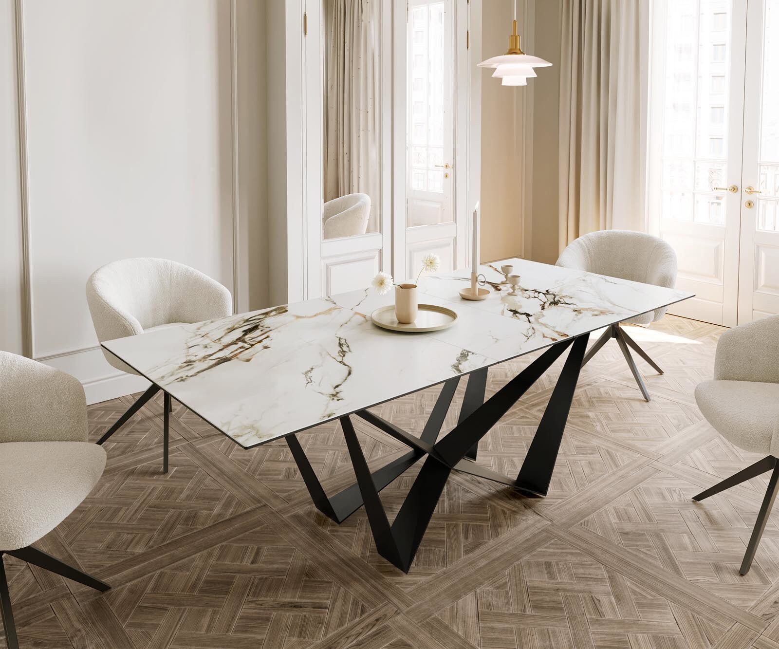 Eetkamertafel Edge 180-220x100 keramiek Calacatta Luxe wit-goud-grijs spider vlak staal zwart uitschuifbaar