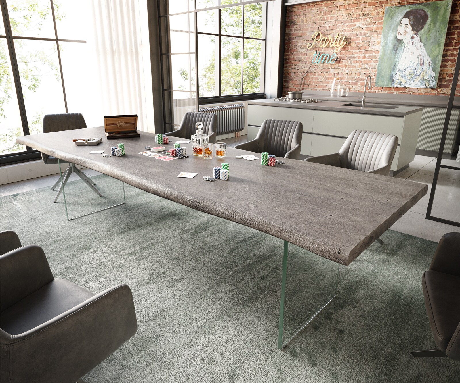 Eettafel Edge 300x100 XL acacia platina  glas Live-Edge Eettafel Edge 300x100 XL acacia platina  glas Live-Edge