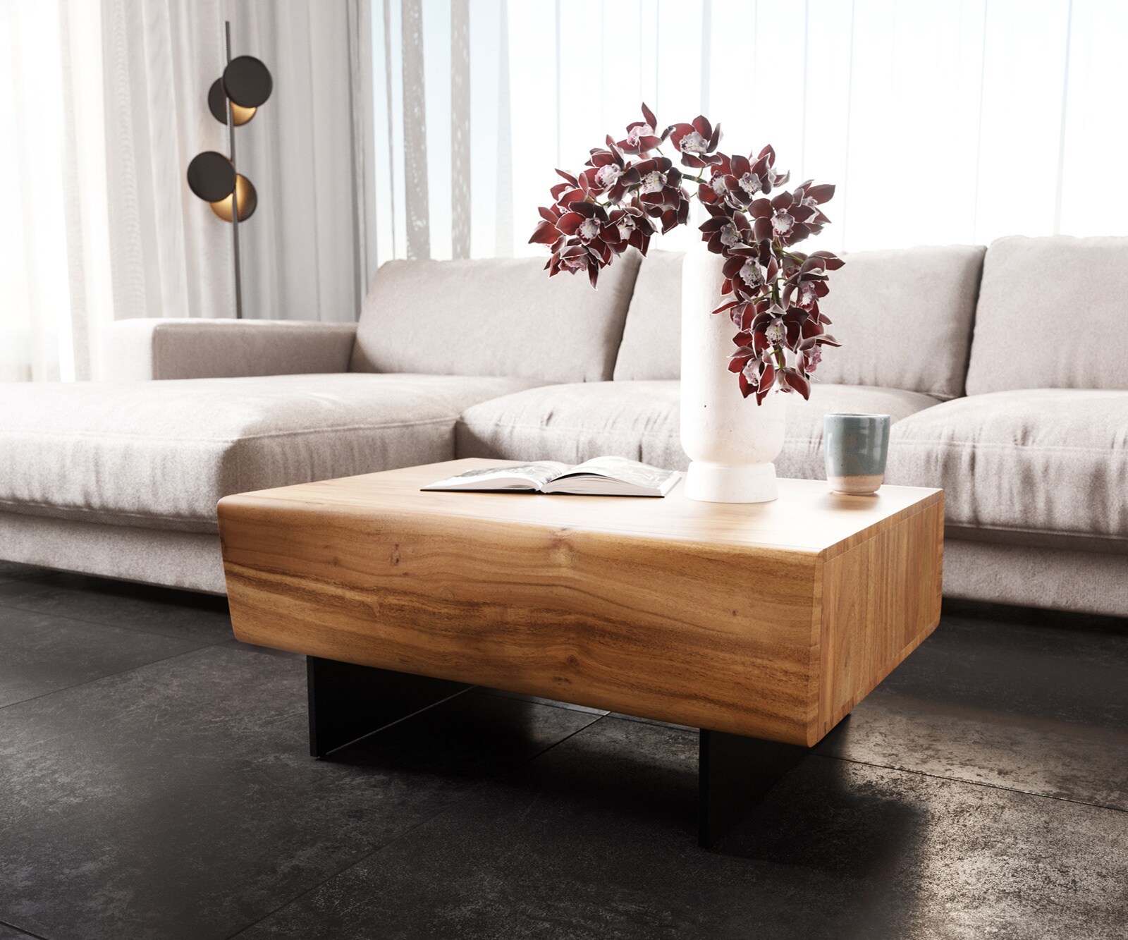 Salontafel New Live-Edge 80x60 cm acacia natuur 2 lades zwevende poot metaal zwart 3
