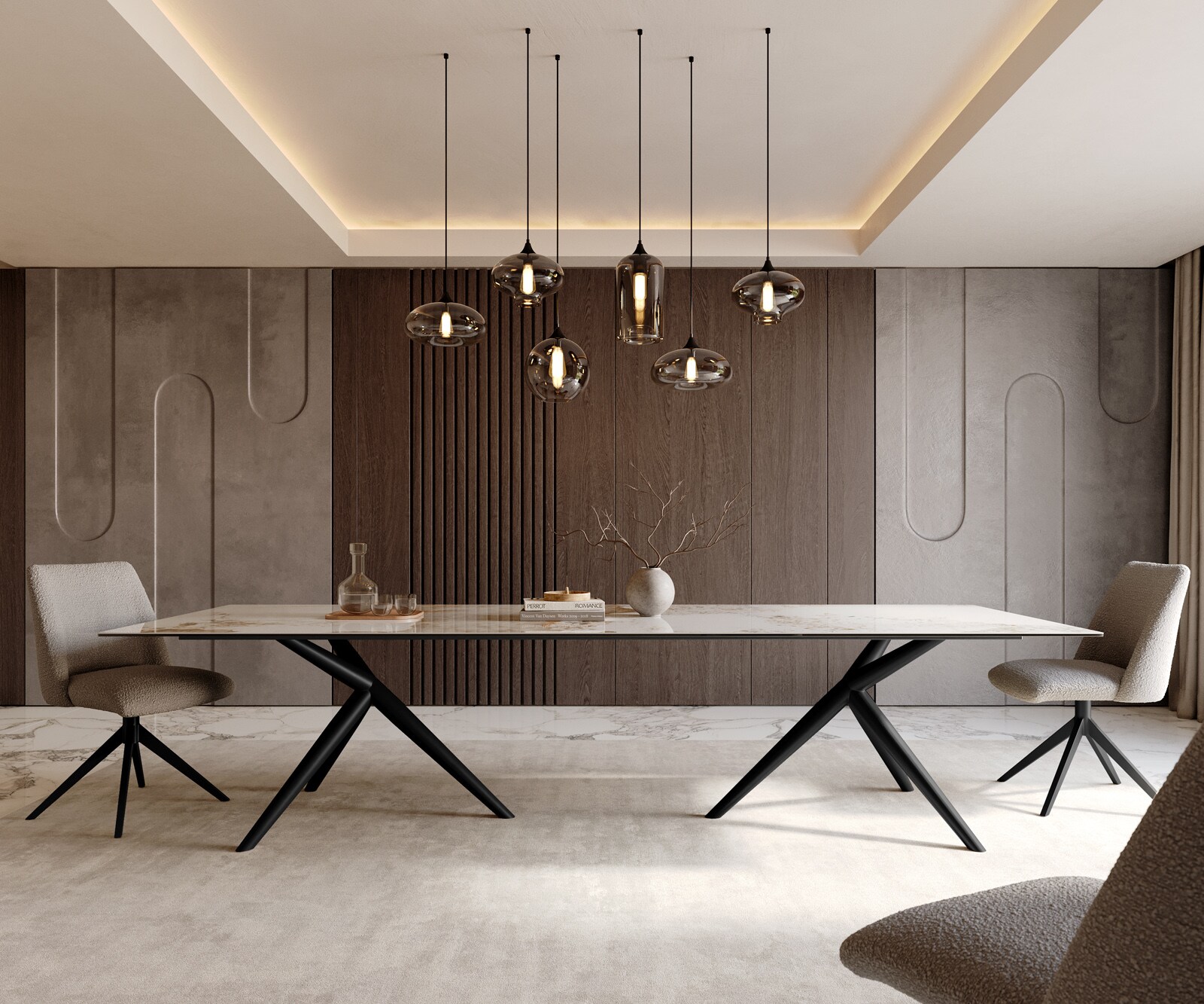 Eetkamertafel Edge 300x100 keramiek Minas Melange wit-Beige Estelar rond  metaal zwart 2