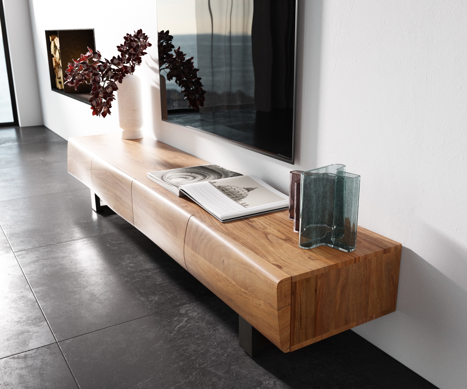 TV-meubel New Live-Edge 200 cm acacia natuur 4 deuren sledepoten RVS geborsteld 1