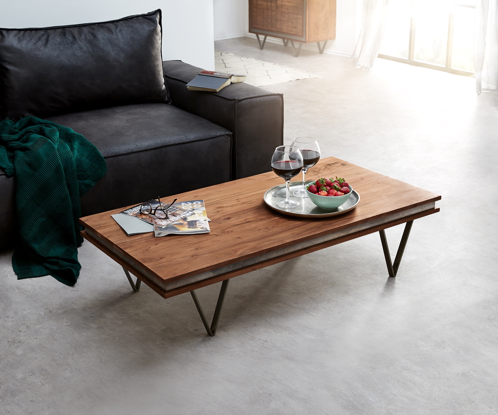 DELIFE Salontafel Stonegrace 117x60 cm acacia bruin Leisteen V-poot zwart