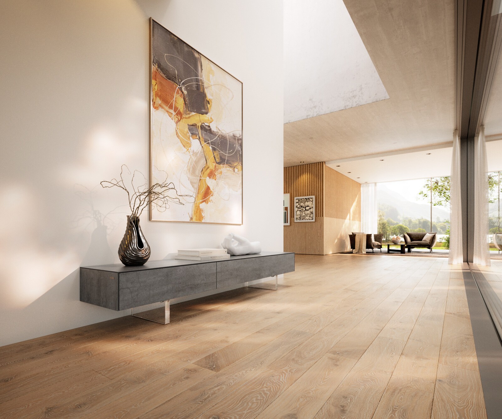 Tv-meubel Cuor 200 cm Keramiek Beton Grijs 1 Flap 1 Laden Zwevende voet look Acrylglas 1