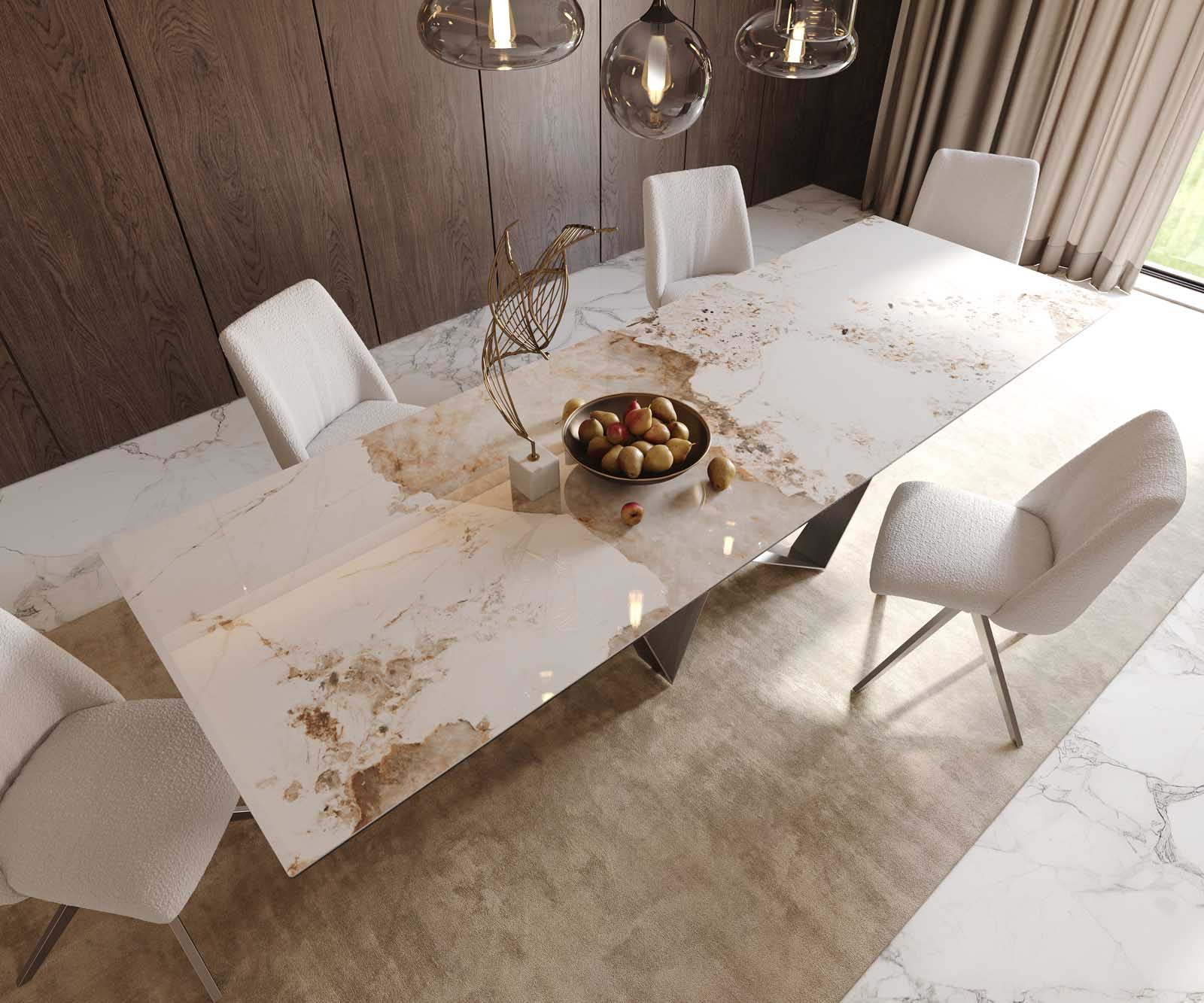 Eetkamertafel Edge 300x100 keramiek Minas Melange wit-beige spider vlak staal RVS 6