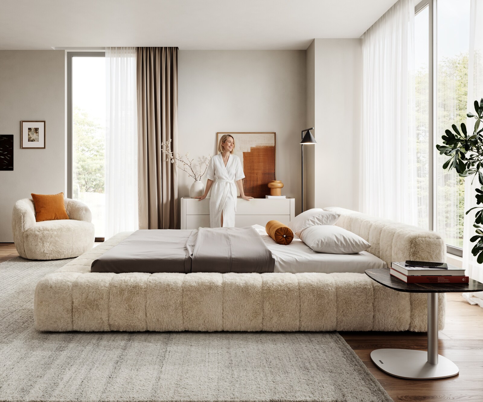 Gestoffeerd bedframe Espazio 180x200 cm Plüsch crème-wit 3