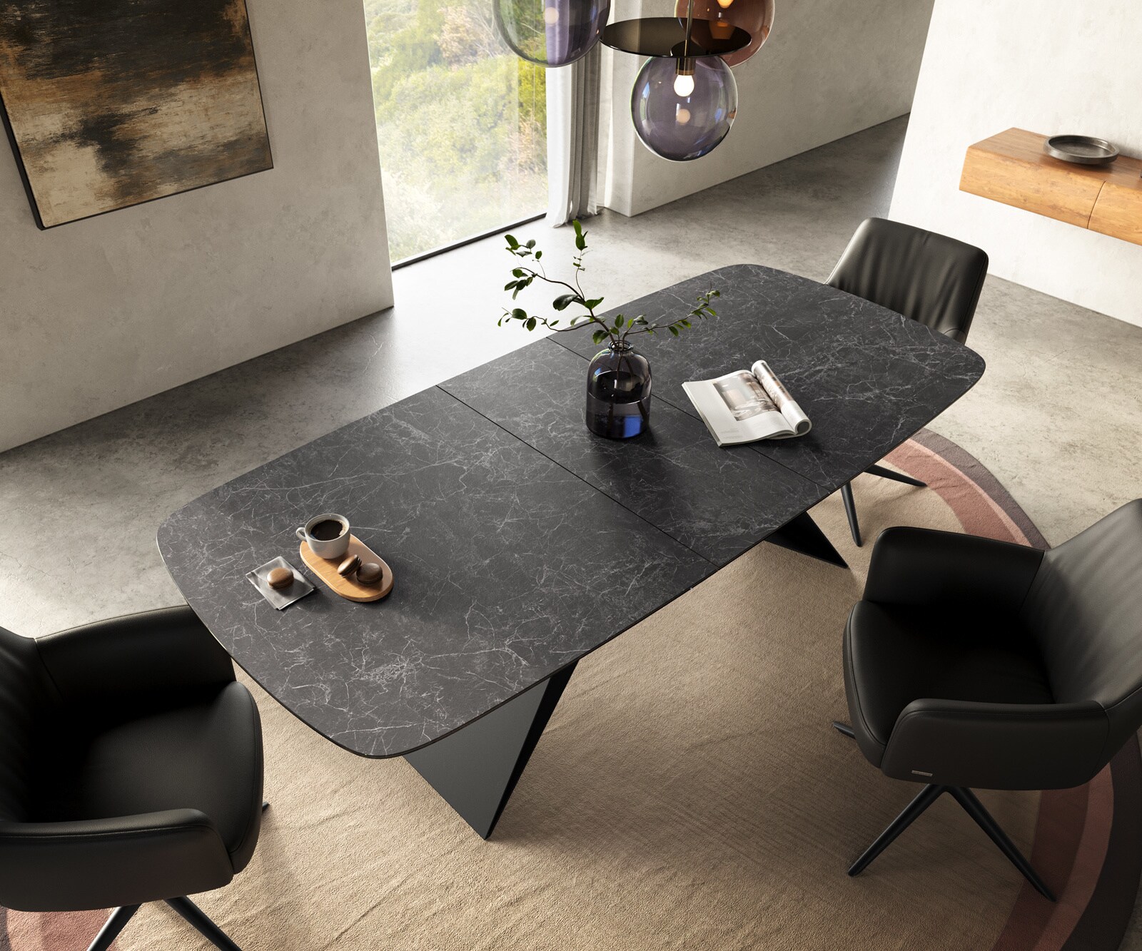 Eettafel Edge Boot 180-220x100 cm Keramiek Laminam® Nero Greco Anthrazit V-onderstel Flachstahl Zwart uitschuifbaar 4