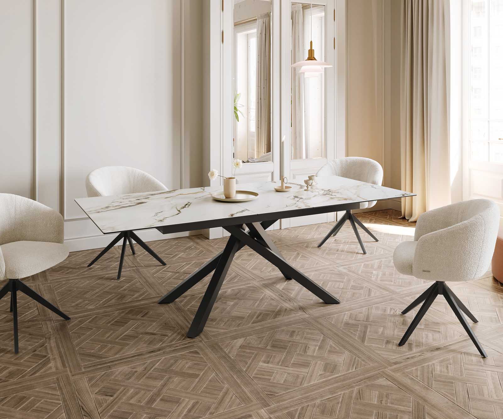 Eetkamertafel Edge 180-220x100 keramiek Calacatta Luxe wit-goud-grijs kruisframe rechthoek zwart uitschuifbaar 8